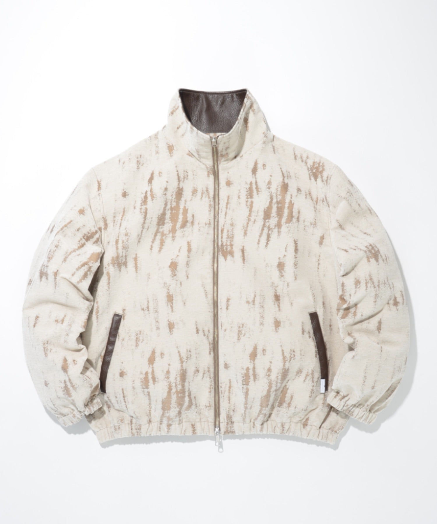 Damage jacquard stand-collar zip blouson - ivory / beige