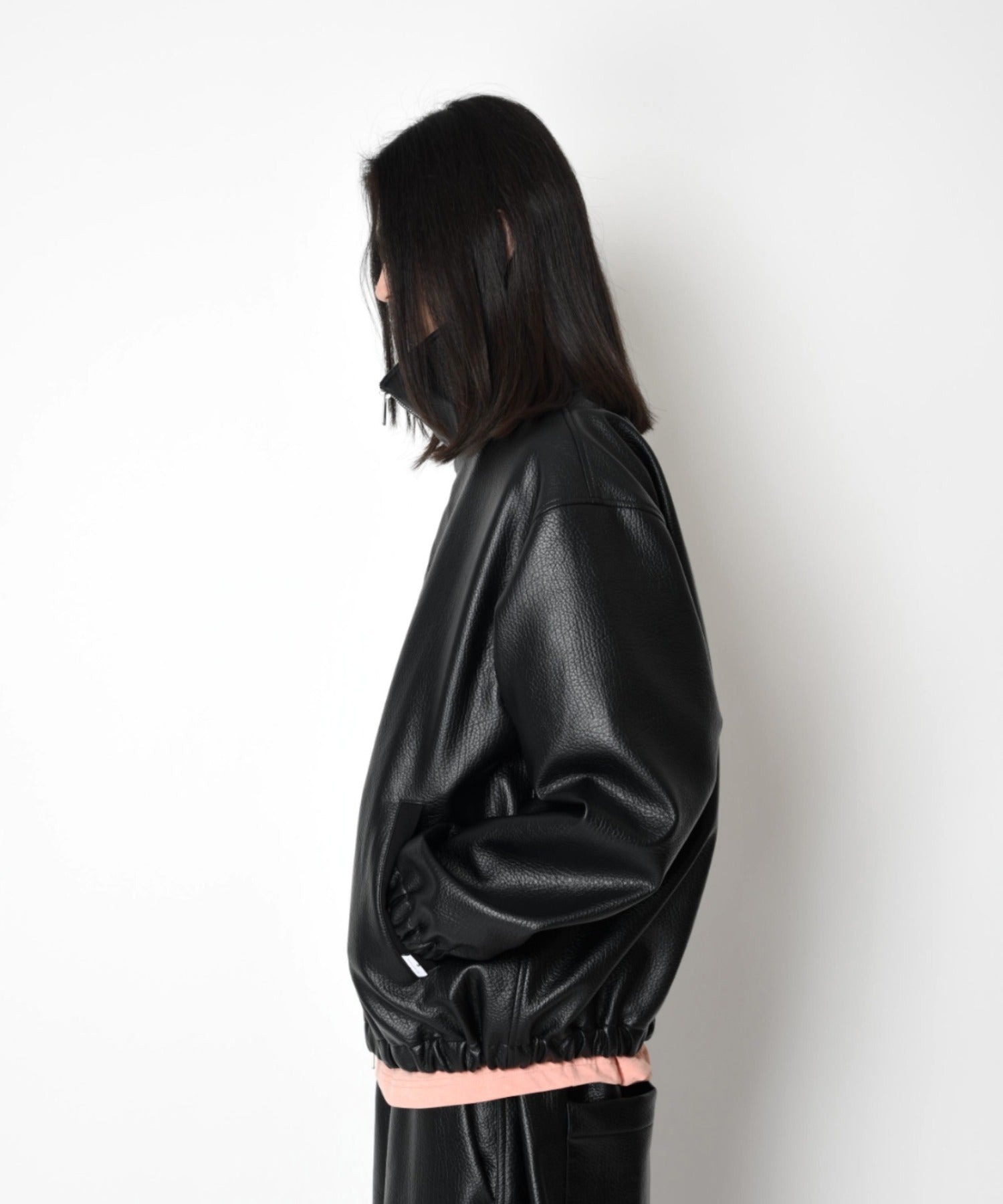 Shrink faux leather stand-collar zip blouson - faux leather black