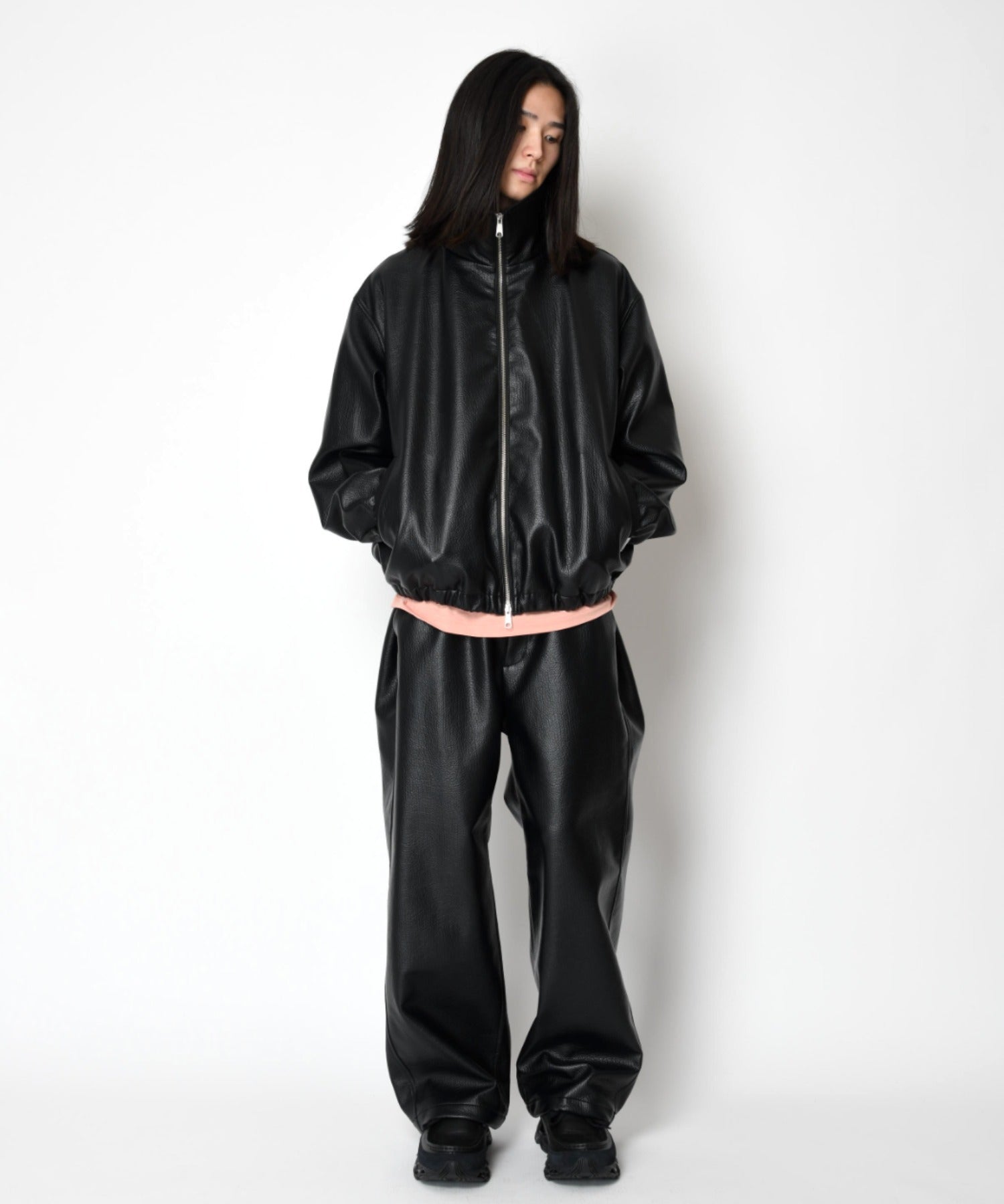 Shrink faux leather stand-collar zip blouson - faux leather black