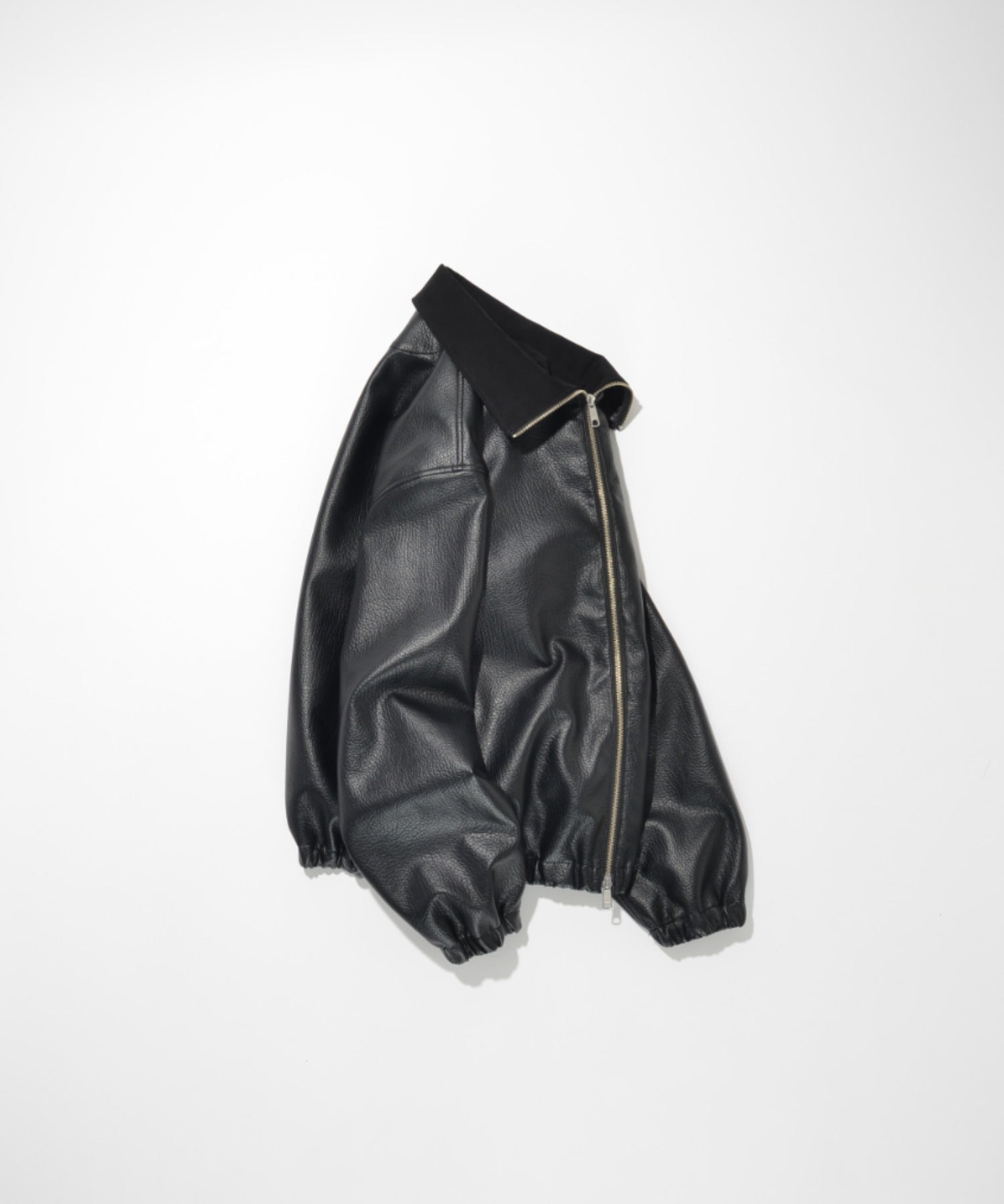 Shrink faux leather stand-collar zip blouson - faux leather black