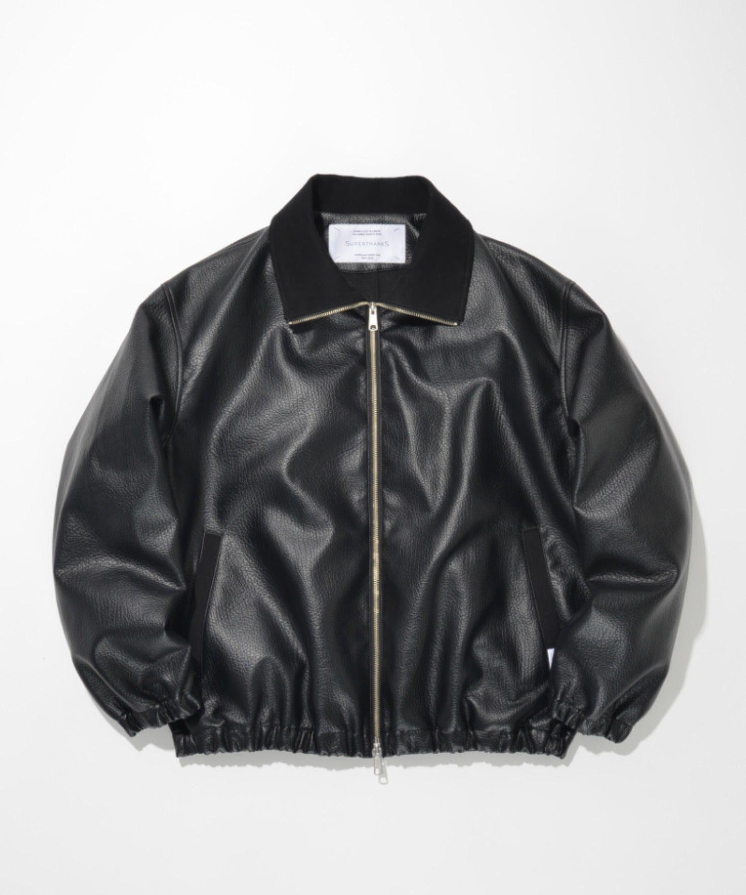 Shrink faux leather stand-collar zip blouson - faux leather black