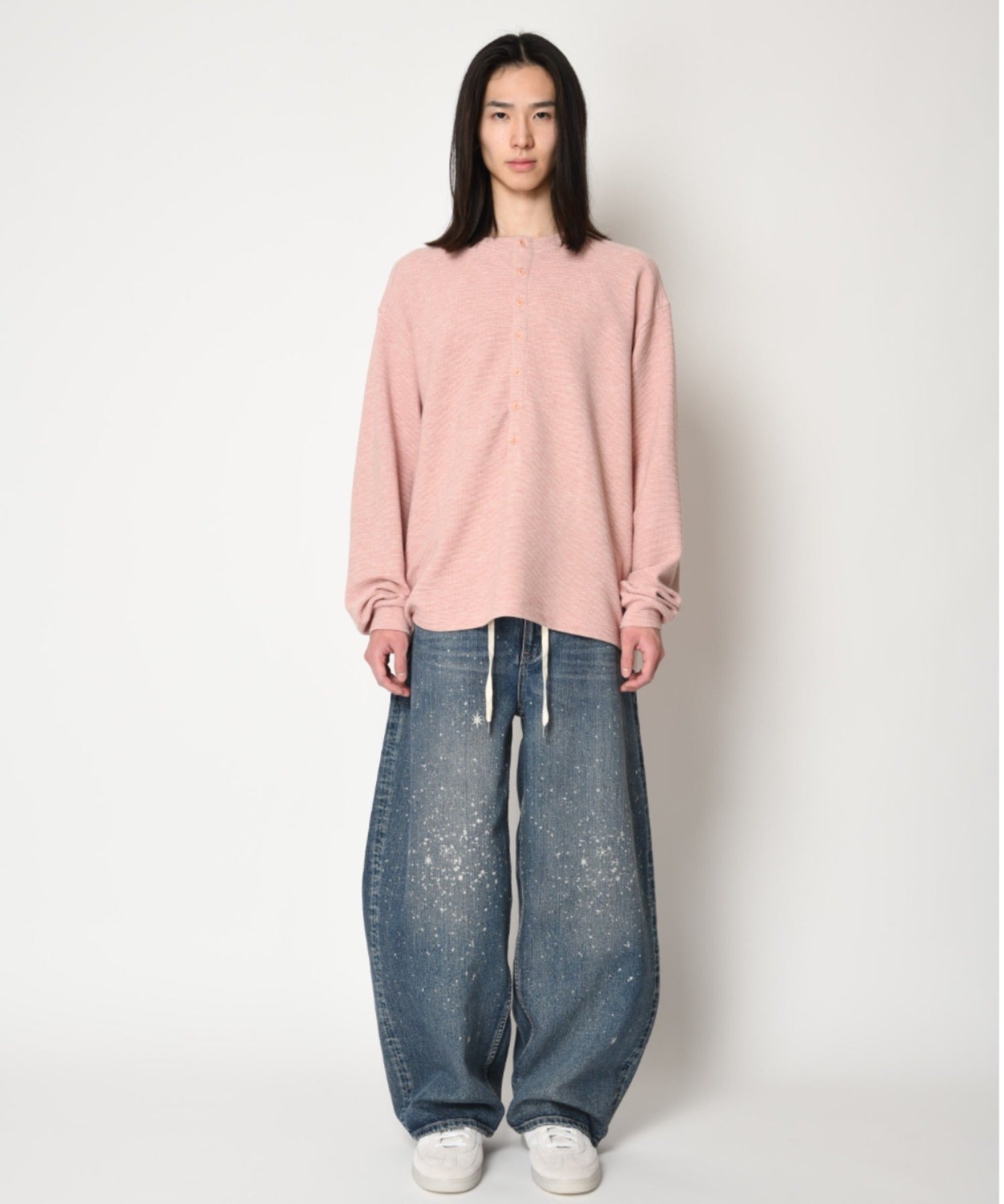 Waffle henley neck L/S T-shirt - pink