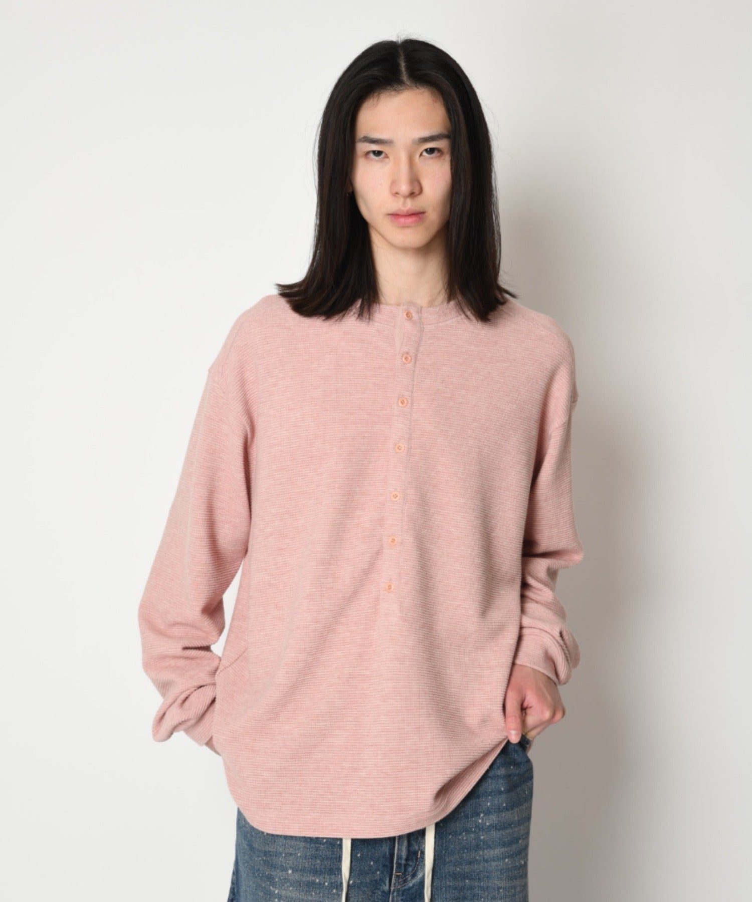 Waffle henley neck L/S T-shirt - gray