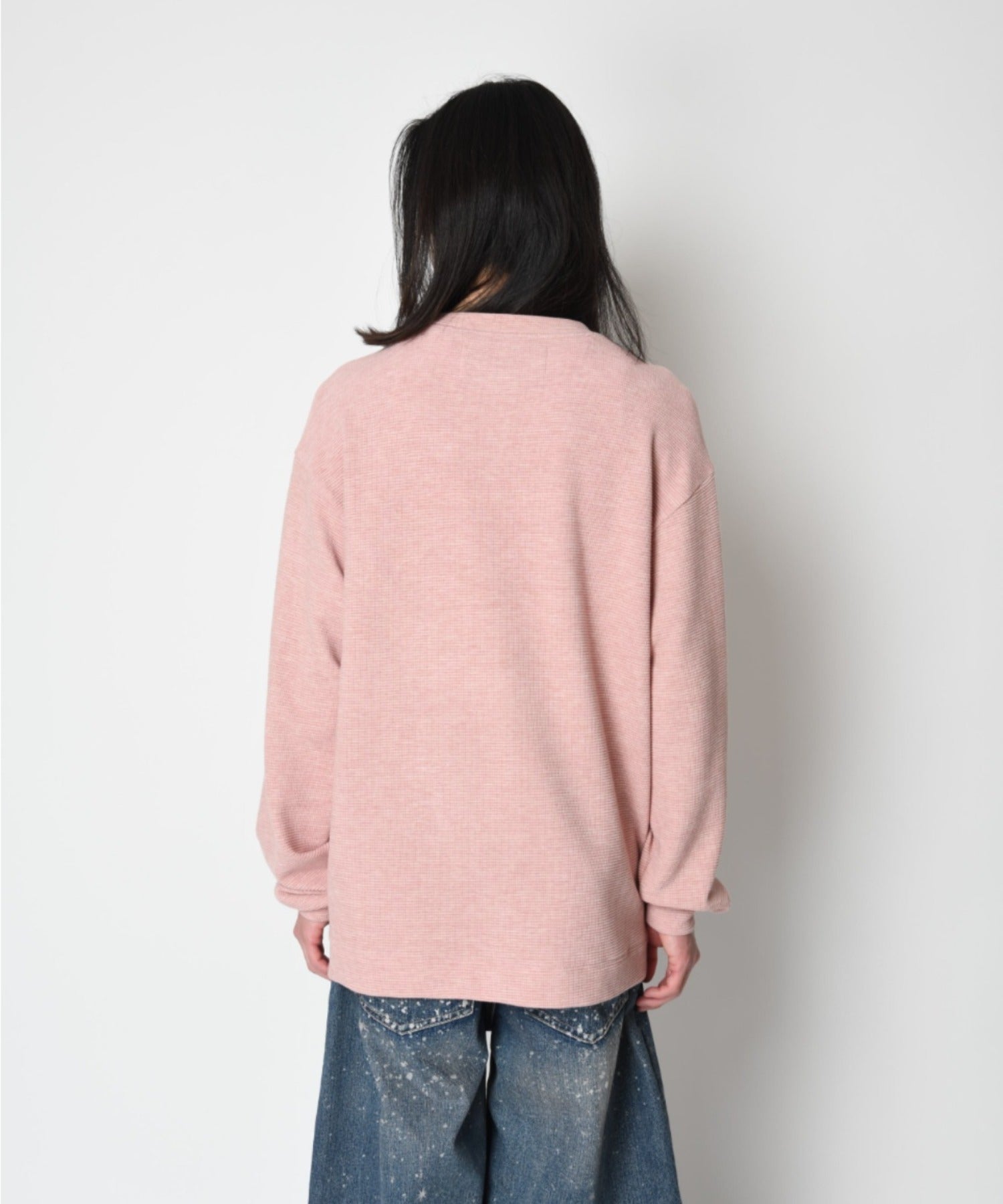 Waffle henley neck L/S T-shirt - pink