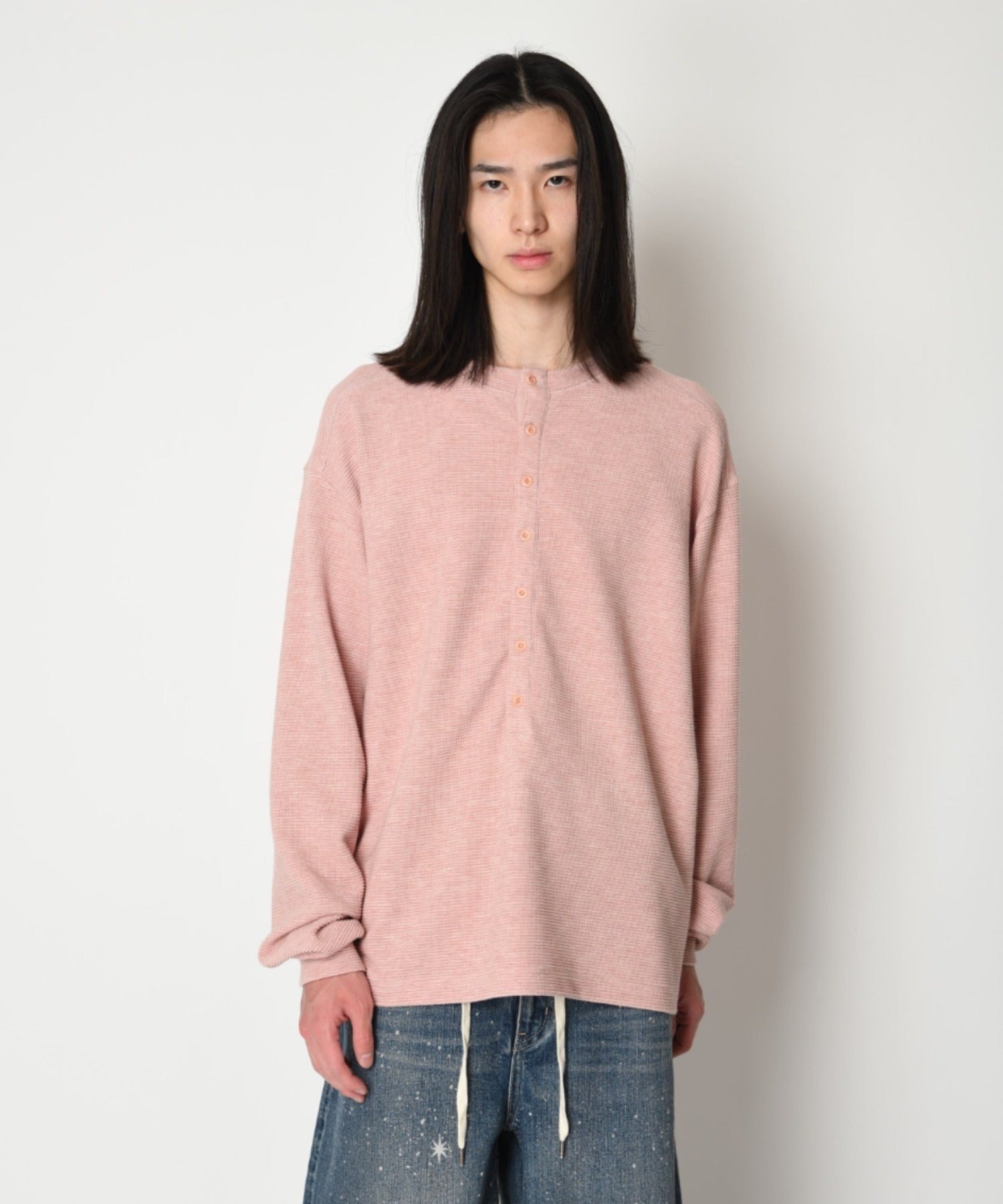 Waffle henley neck L/S T-shirt (back print) - black