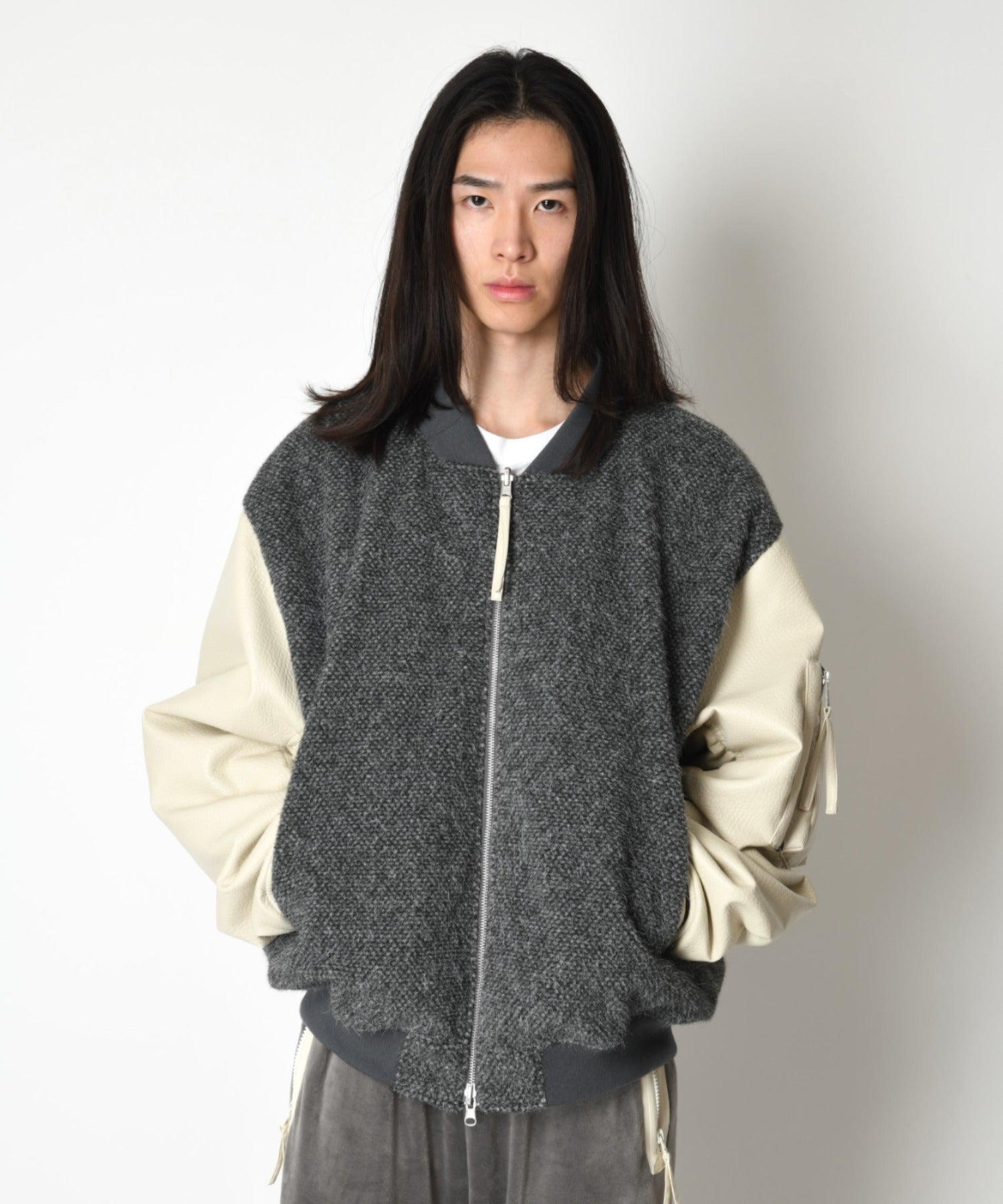 Fur/Shrink faux leather Reversible Flight jacket - gray/off white