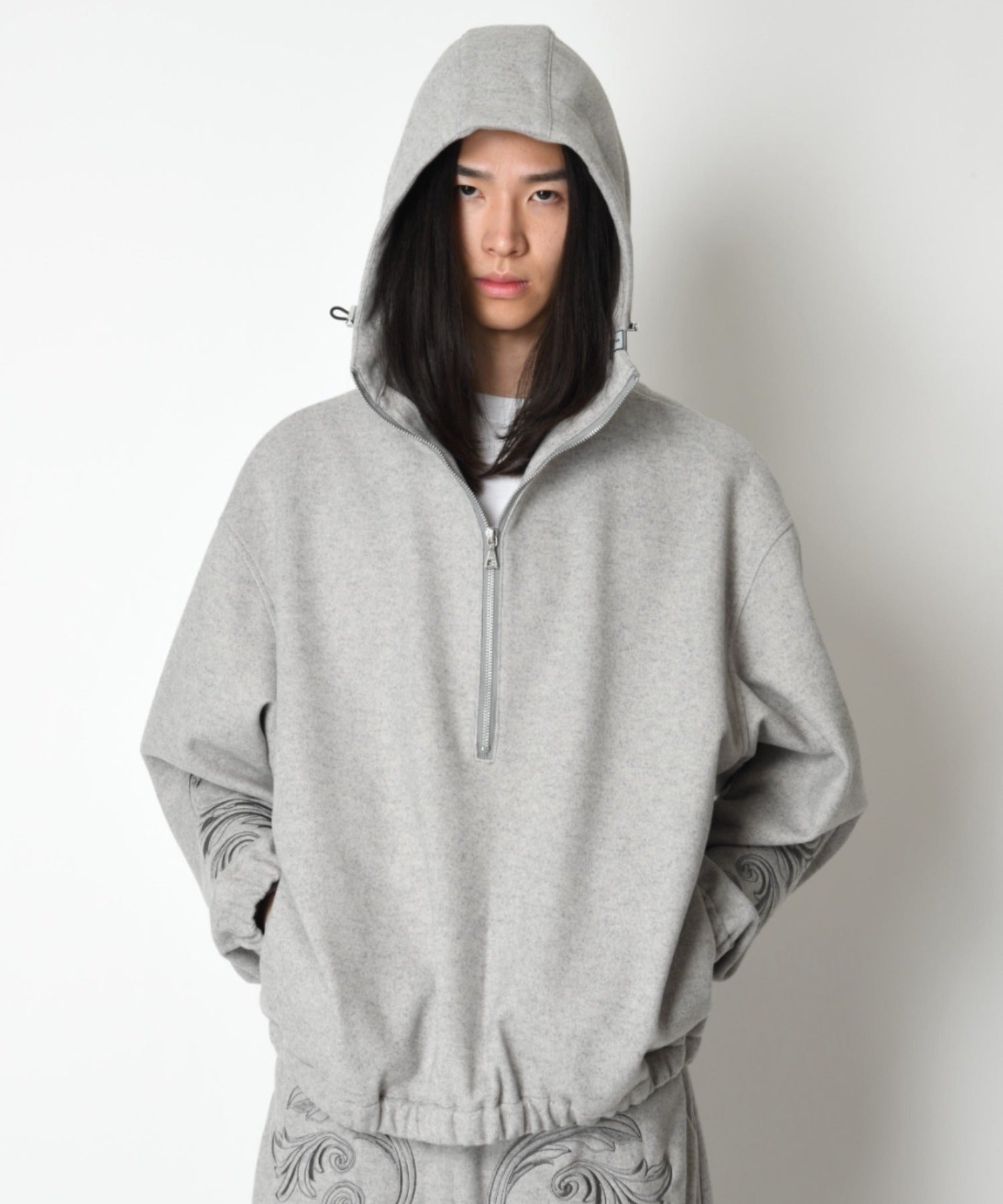 Stretch wool like Half zip hoodie (刺繍無) - mix gray