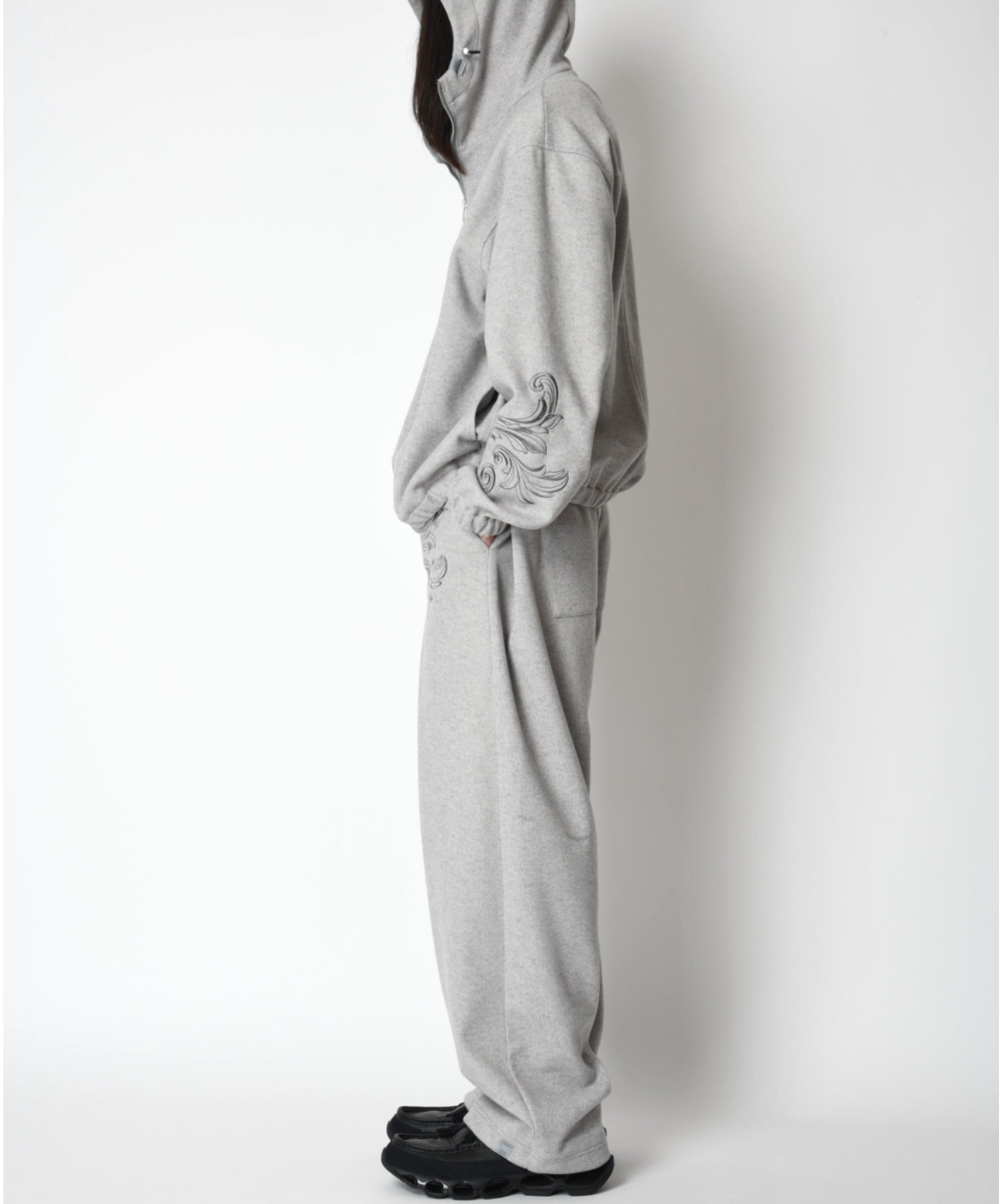 Stretch wool like Half zip hoodie (刺繍無) - mix gray
