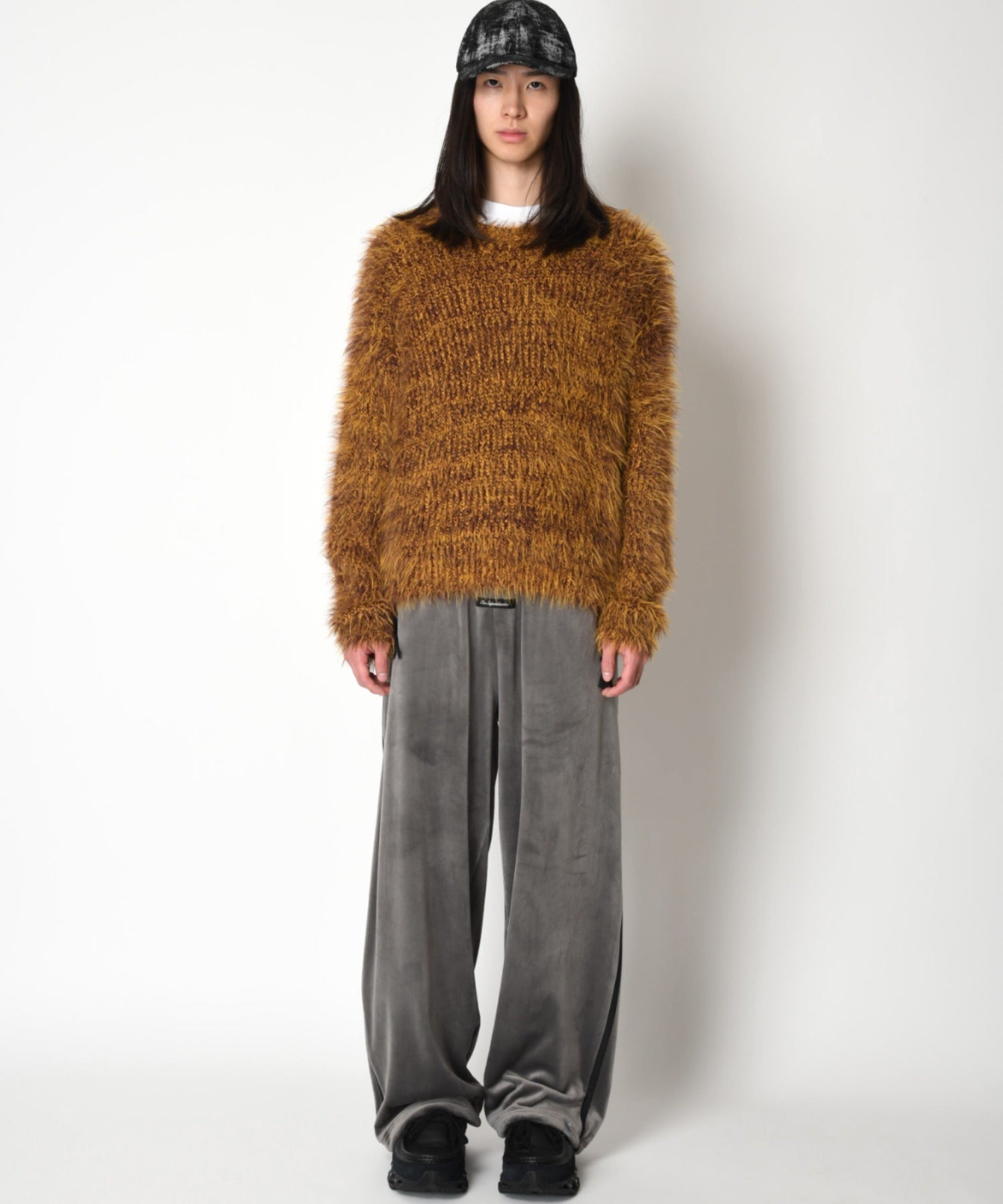 Crew neck volume shaggy knit - mustard/pr