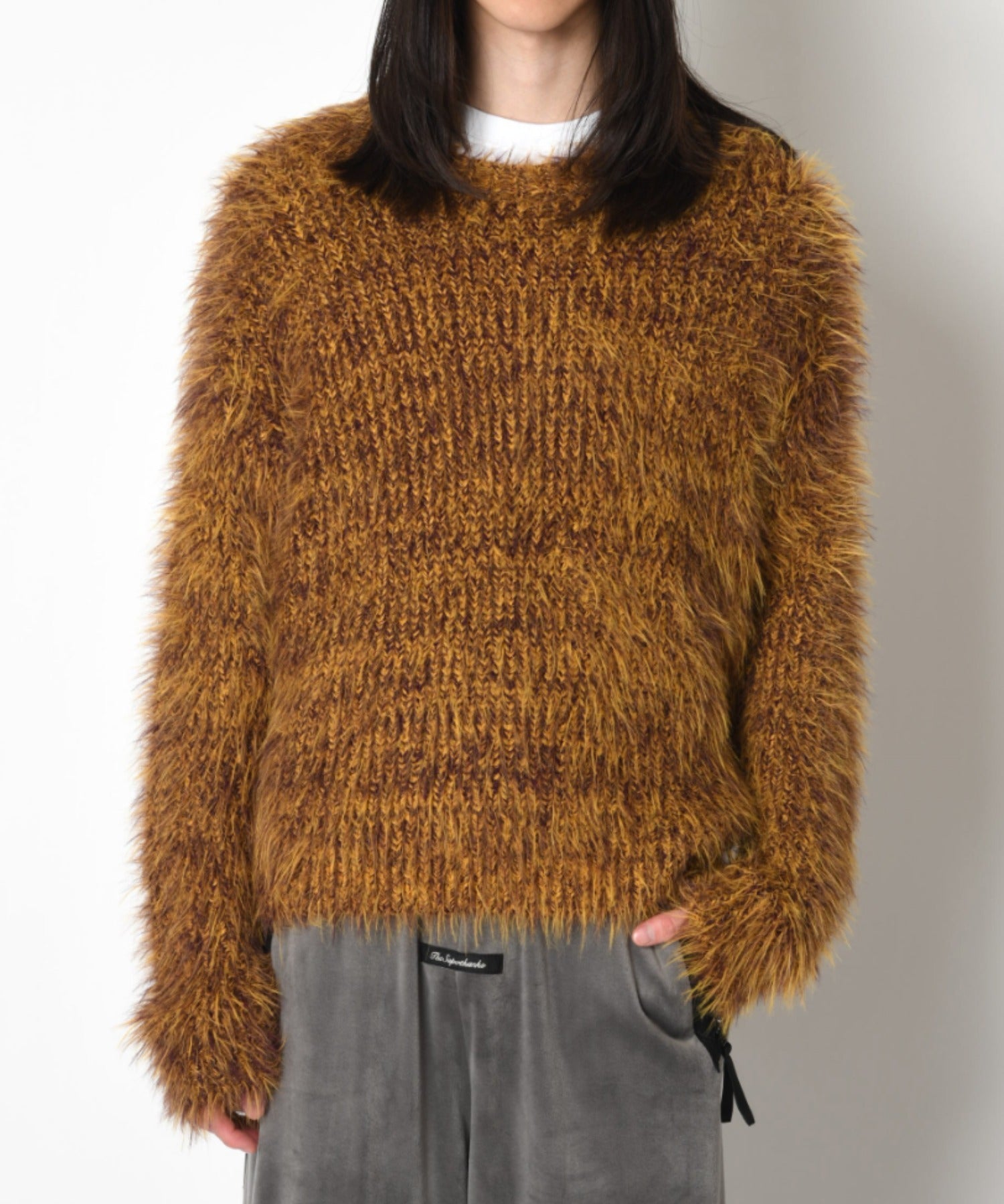 Crew neck volume shaggy knit - mustard/pr