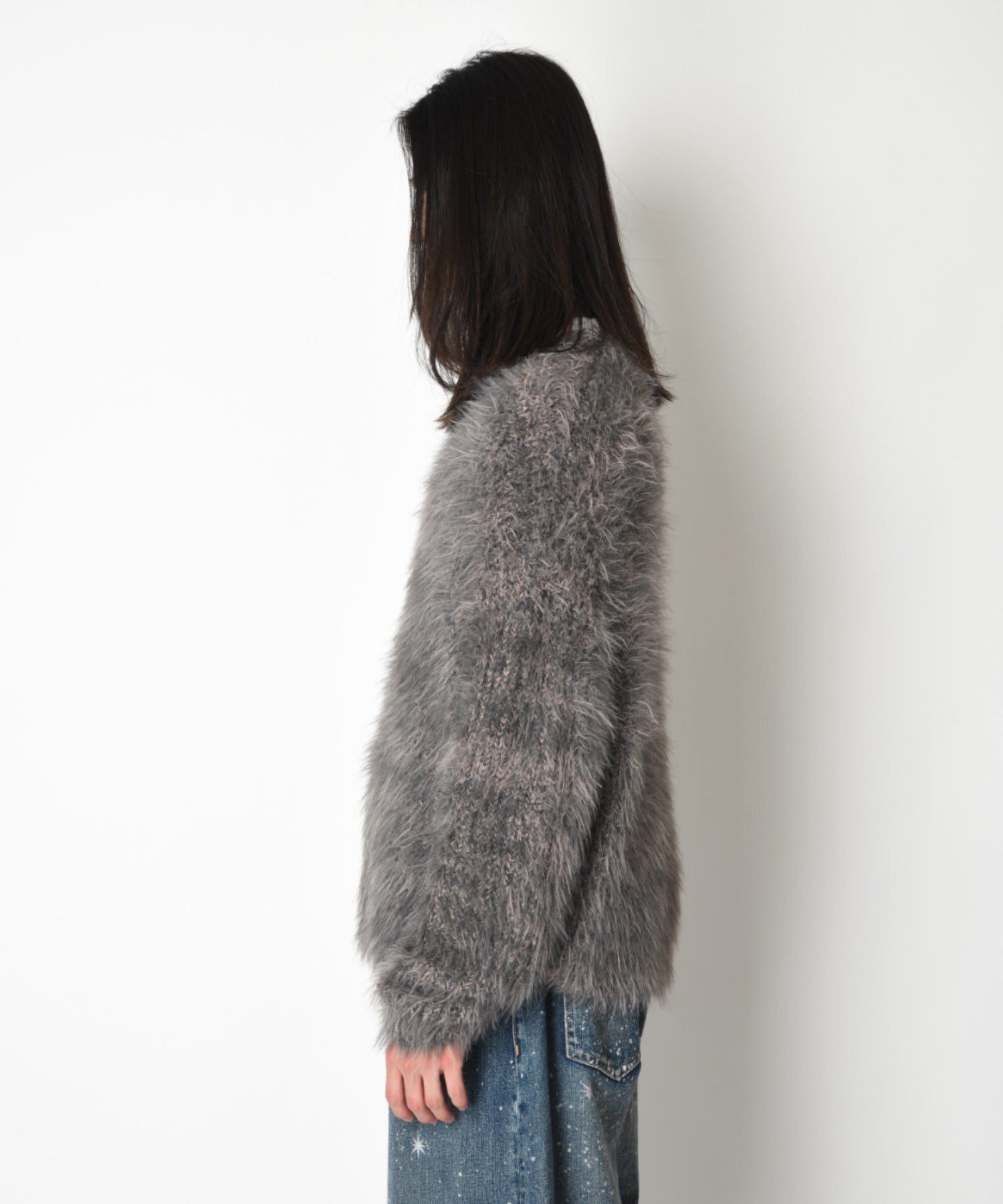 Crew neck volume shaggy knit - gray/bk