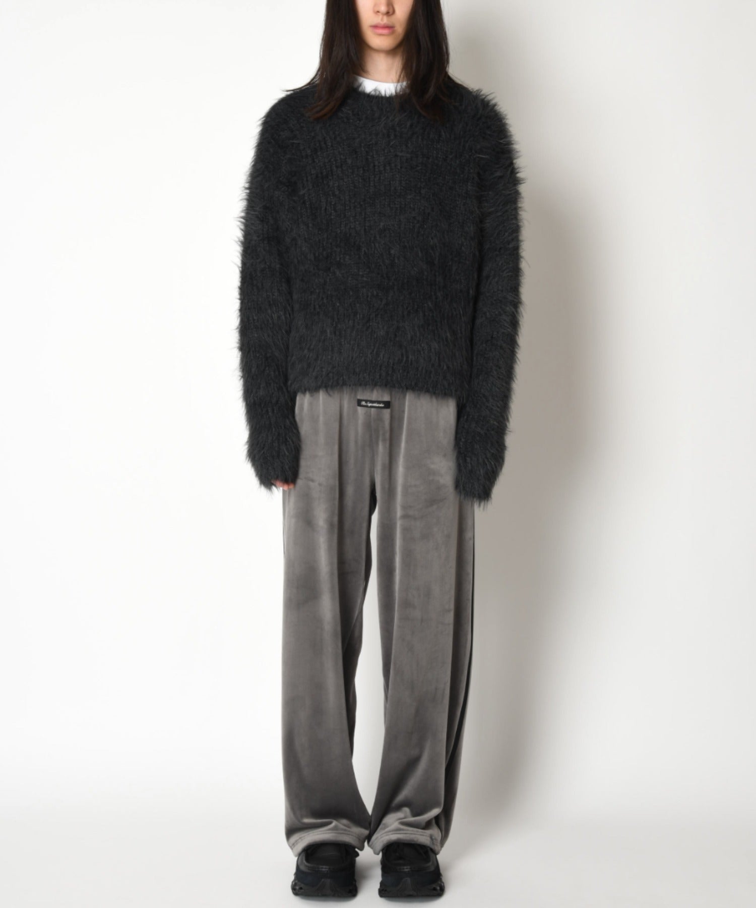 Crew neck volume shaggy knit - black/gy