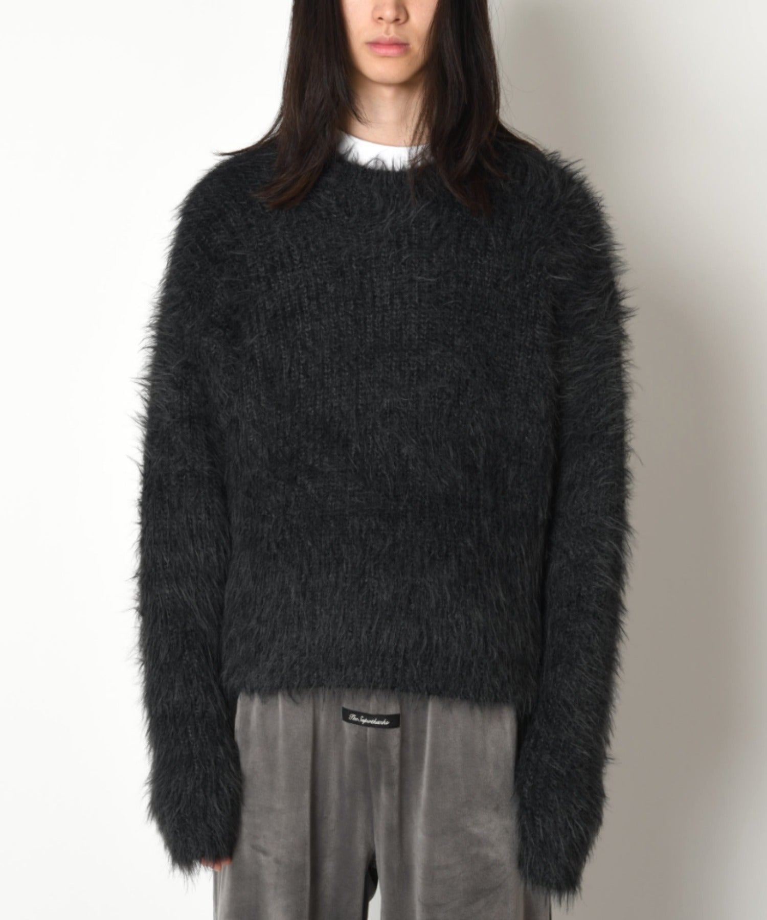 Crew neck volume shaggy knit - black/gy