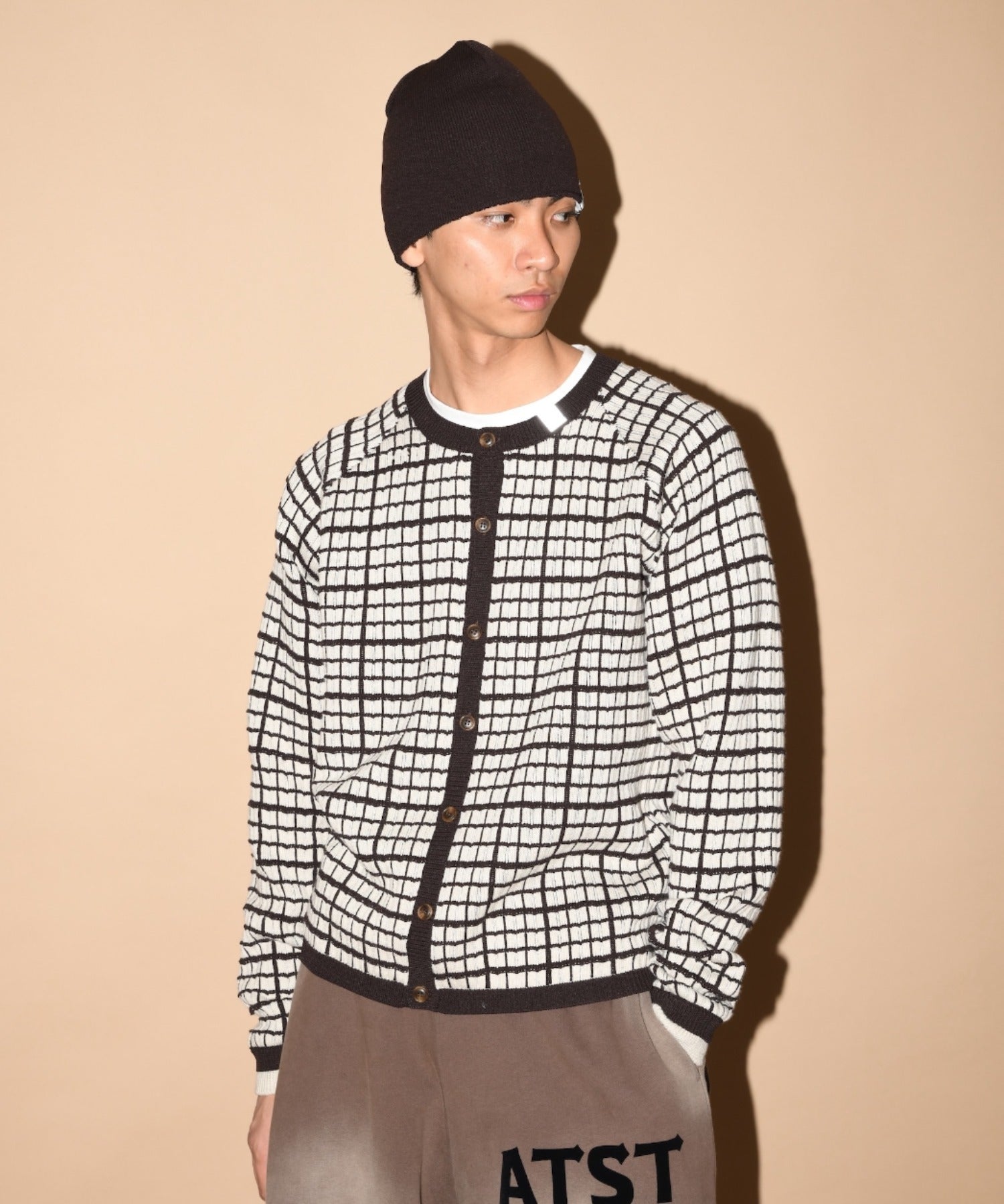 Graph check Knit Cardigan - cream/brown