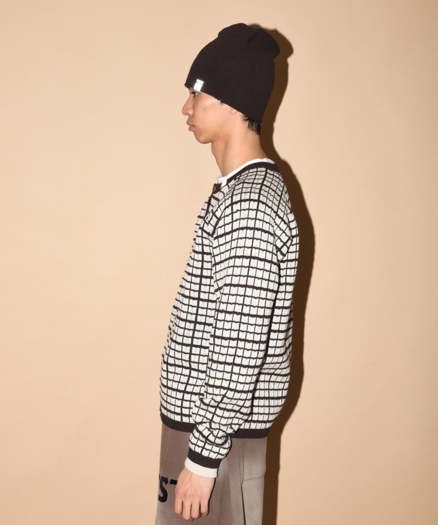 Graph check Knit Cardigan - cream/brown