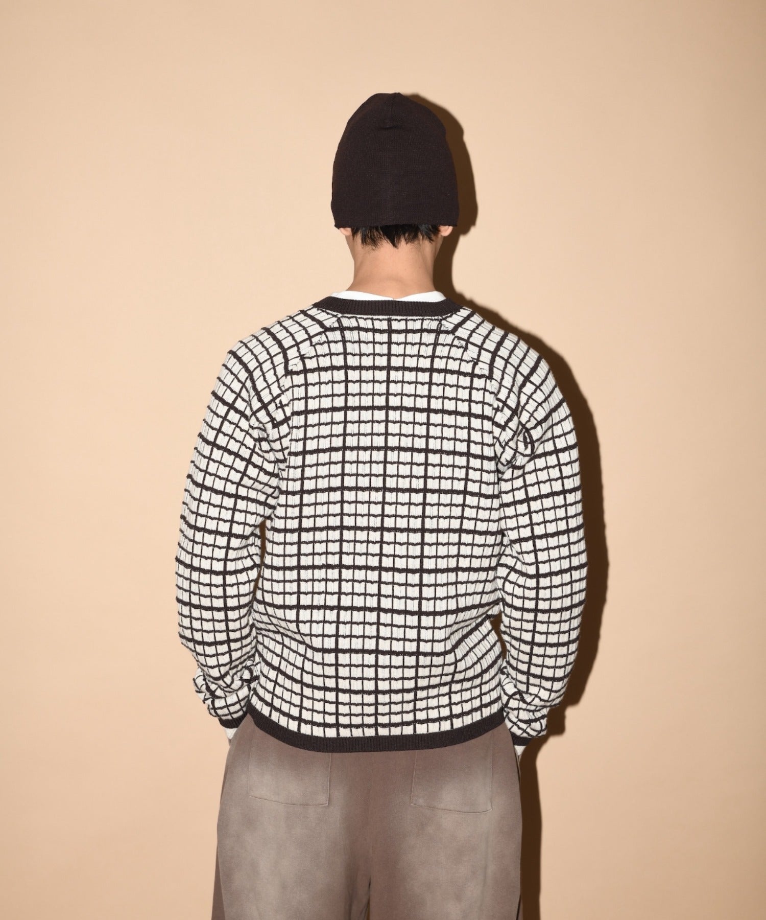 Graph check Knit Cardigan - cream/brown