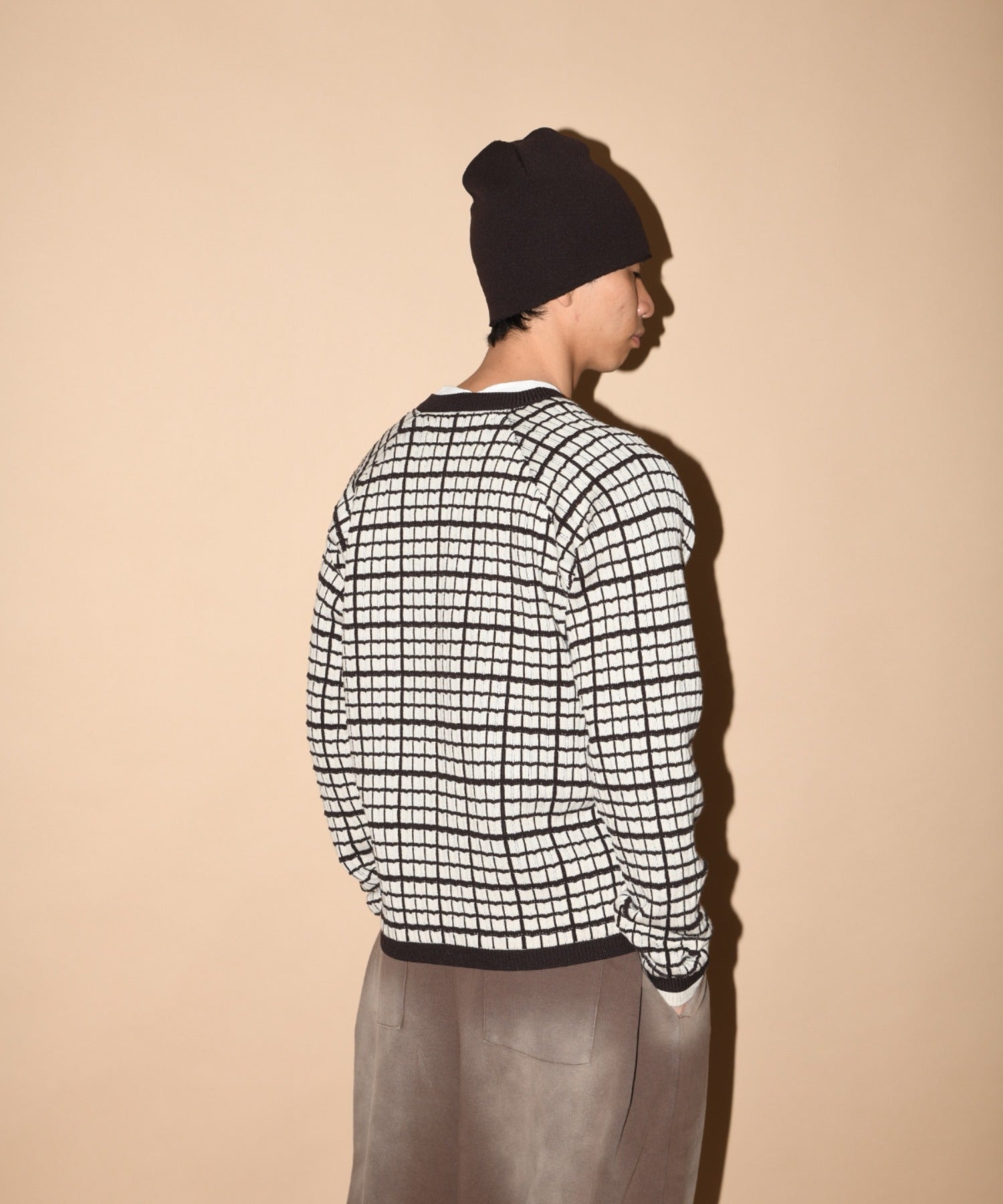 Graph check Knit Cardigan - cream/brown