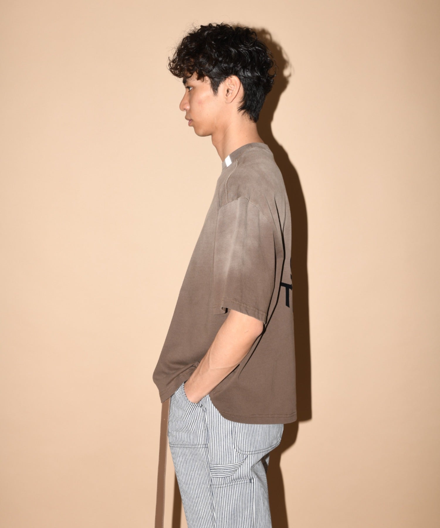 Sun faded Flocky print Sweat S/S T-shirt - brown