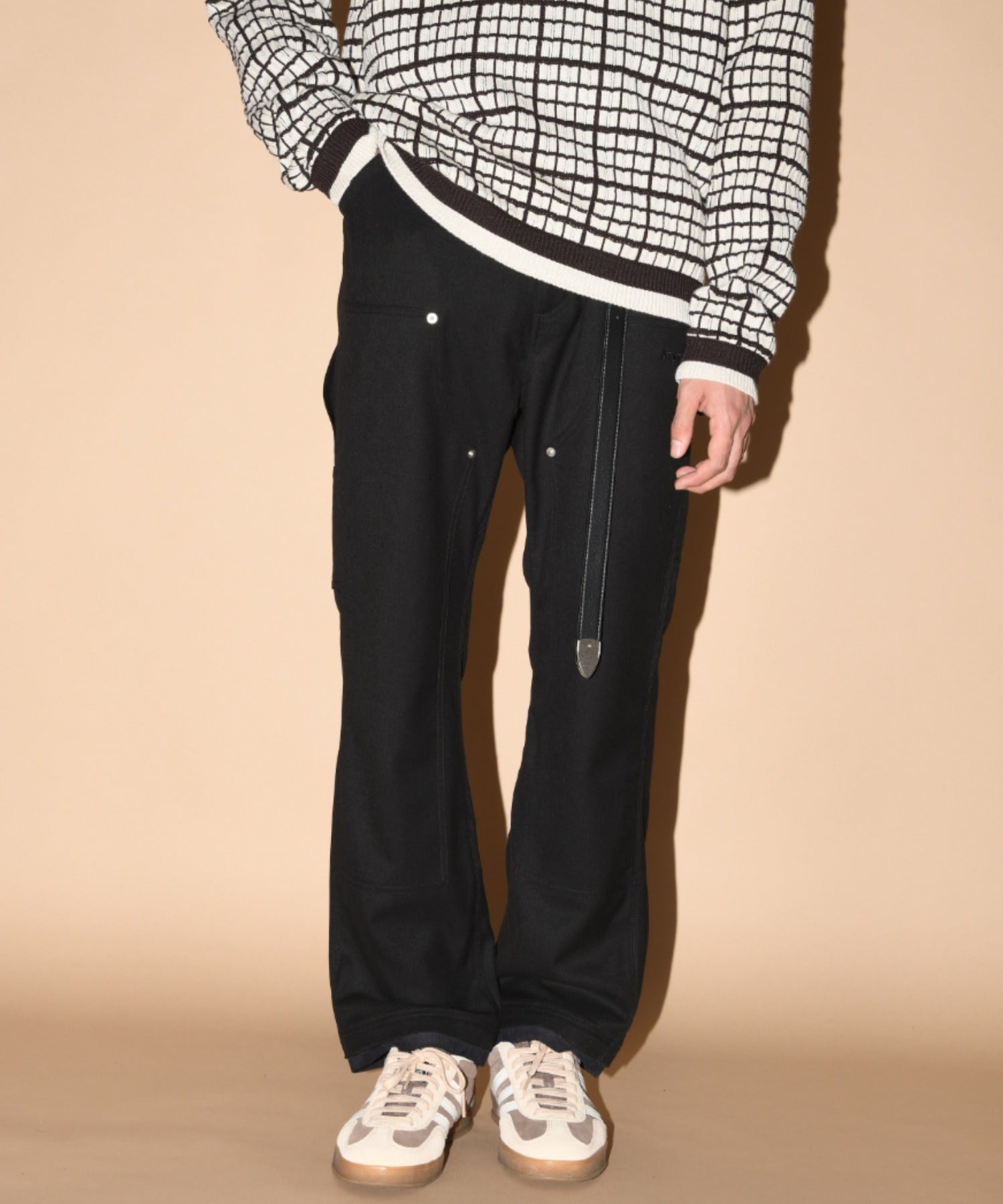 Layered hem Double knee Pants - black