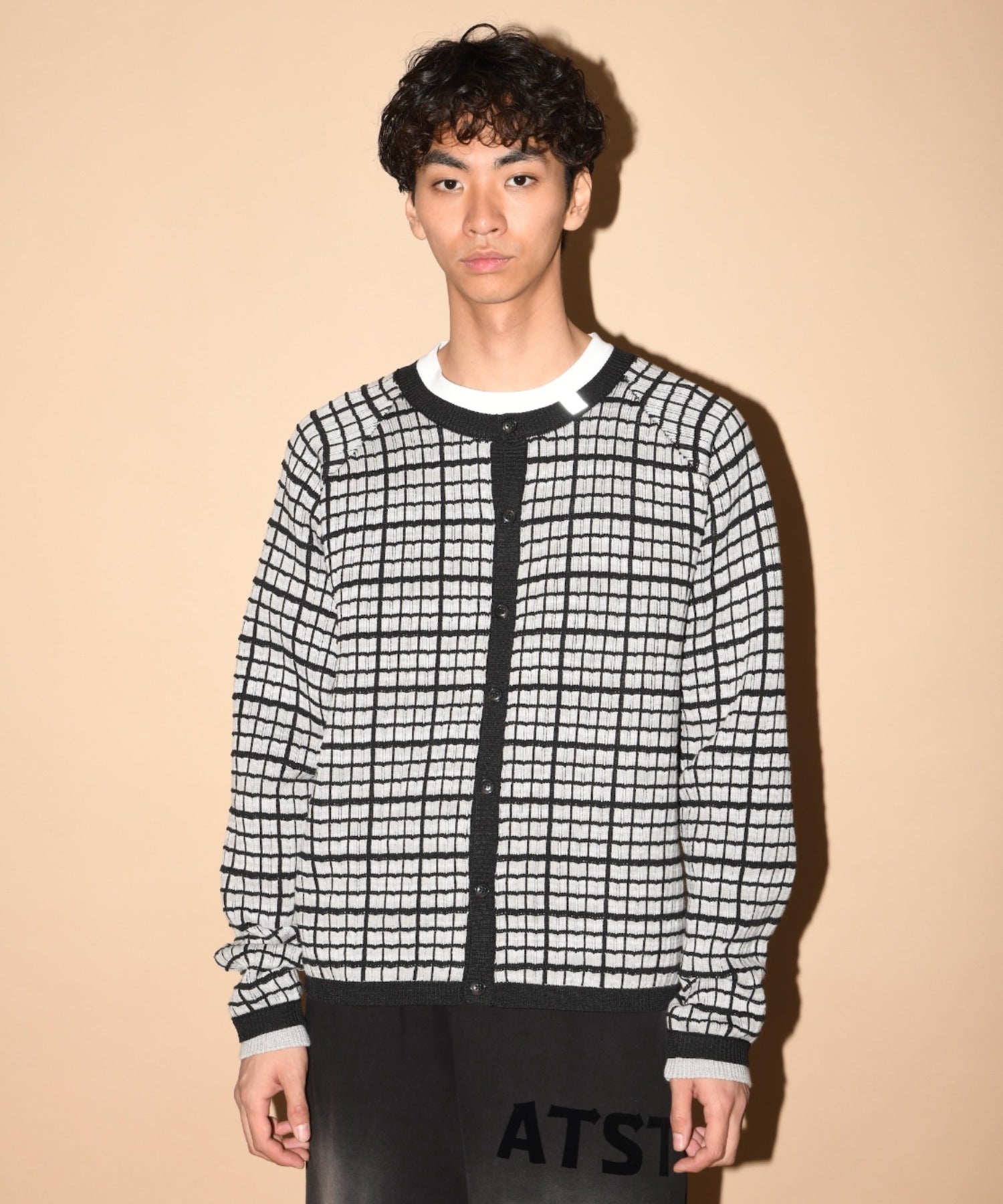Graph check Knit Cardigan - cream/brown