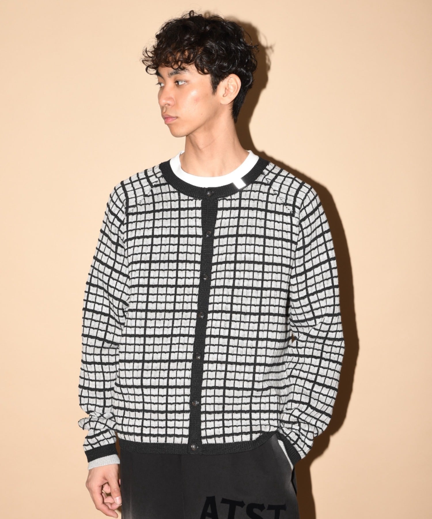 Graph check Knit Cardigan - cream/brown