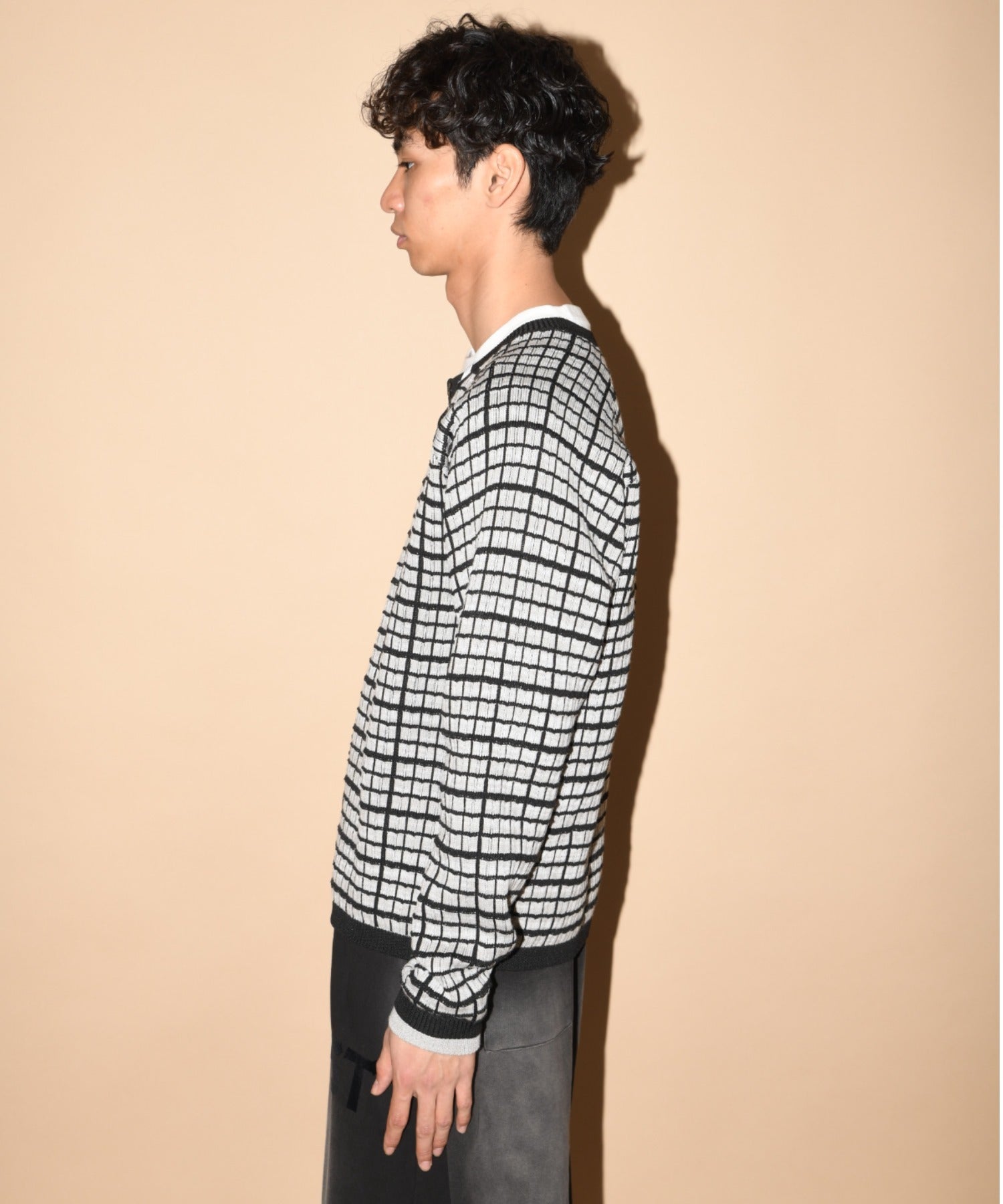 Graph check Knit Cardigan - cream/brown