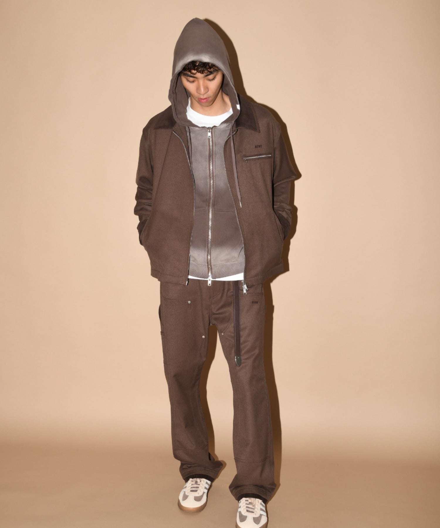 Sun faded Flocky print Zip-Hoodie Sweat - brown