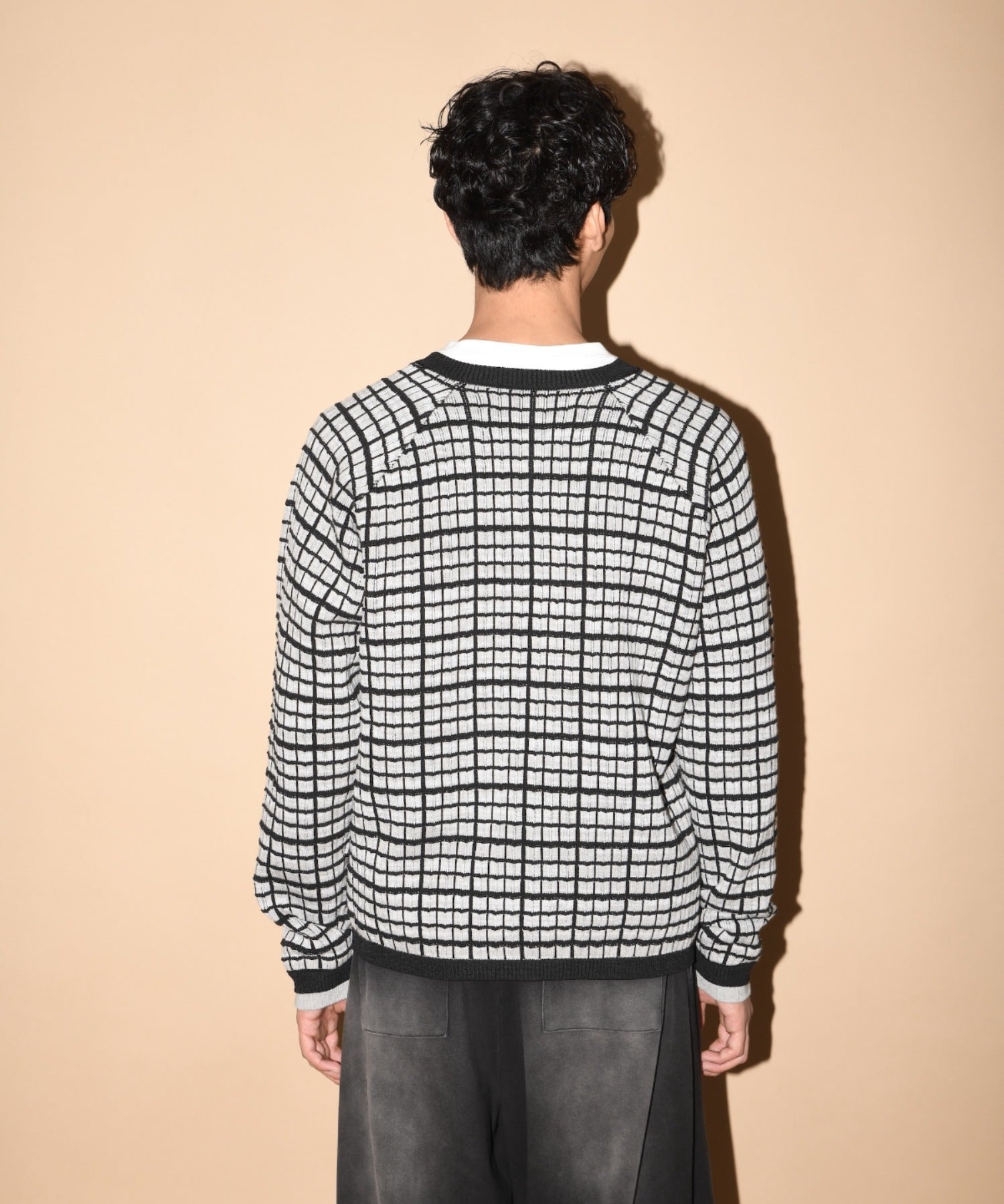 Graph check Knit Cardigan - cream/brown