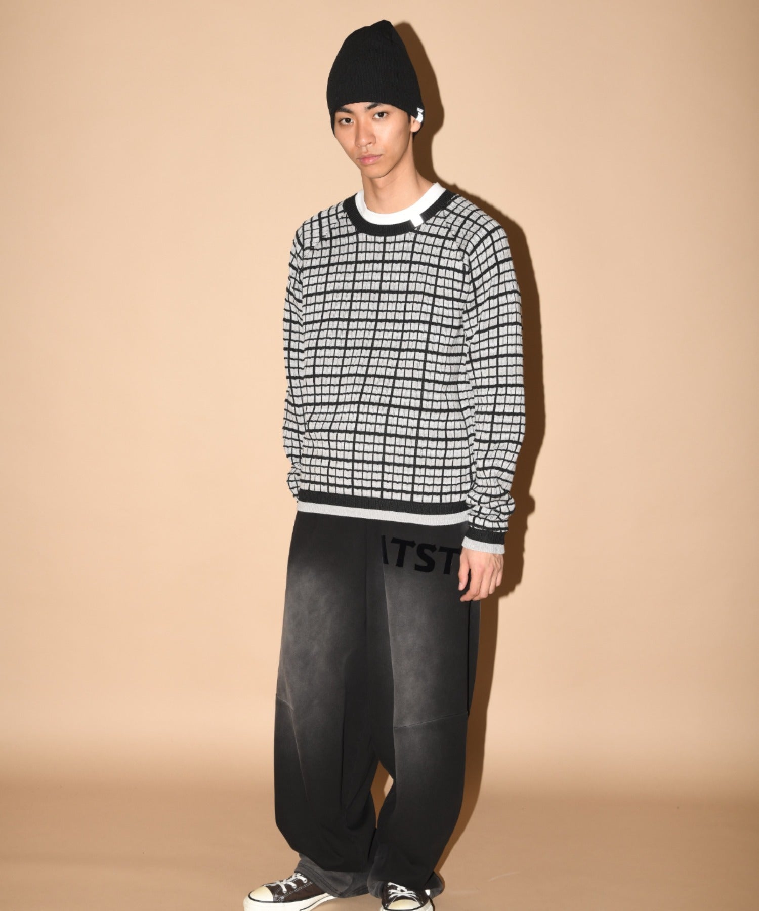 Sun faded Flocky print Sweat Side-tuck Wide Pants - black