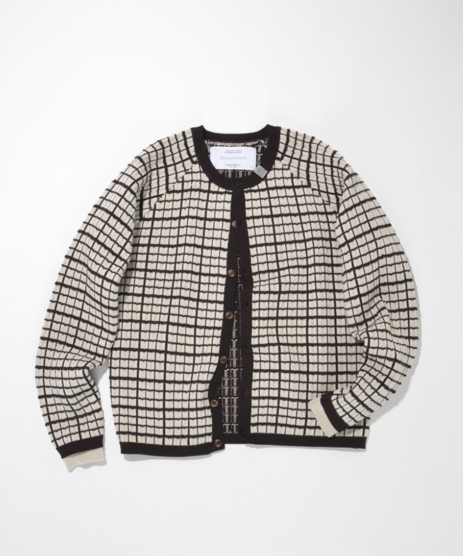 Graph check Knit Cardigan - cream/brown