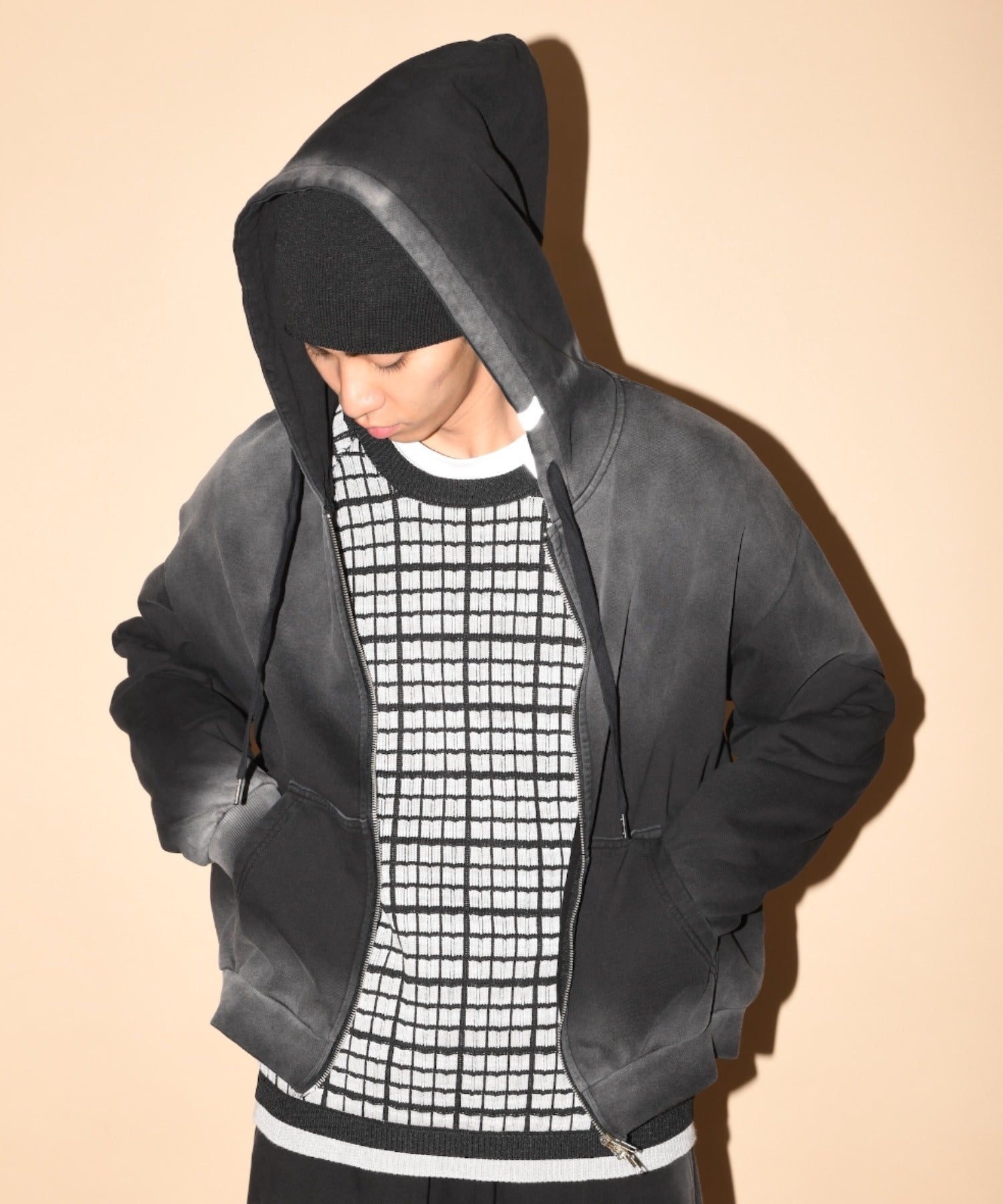 Sun faded Flocky print Zip-Hoodie Sweat - black