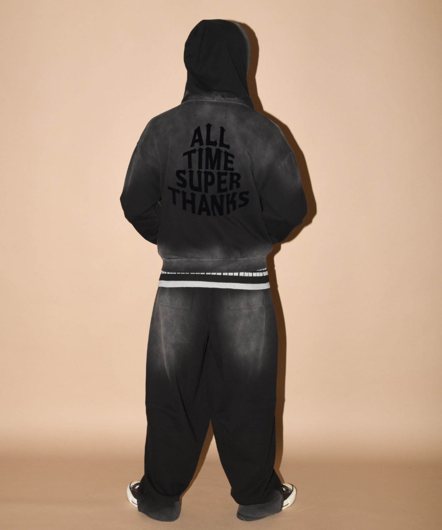 Sun faded Flocky print Sweat Side-tuck Wide Pants - black