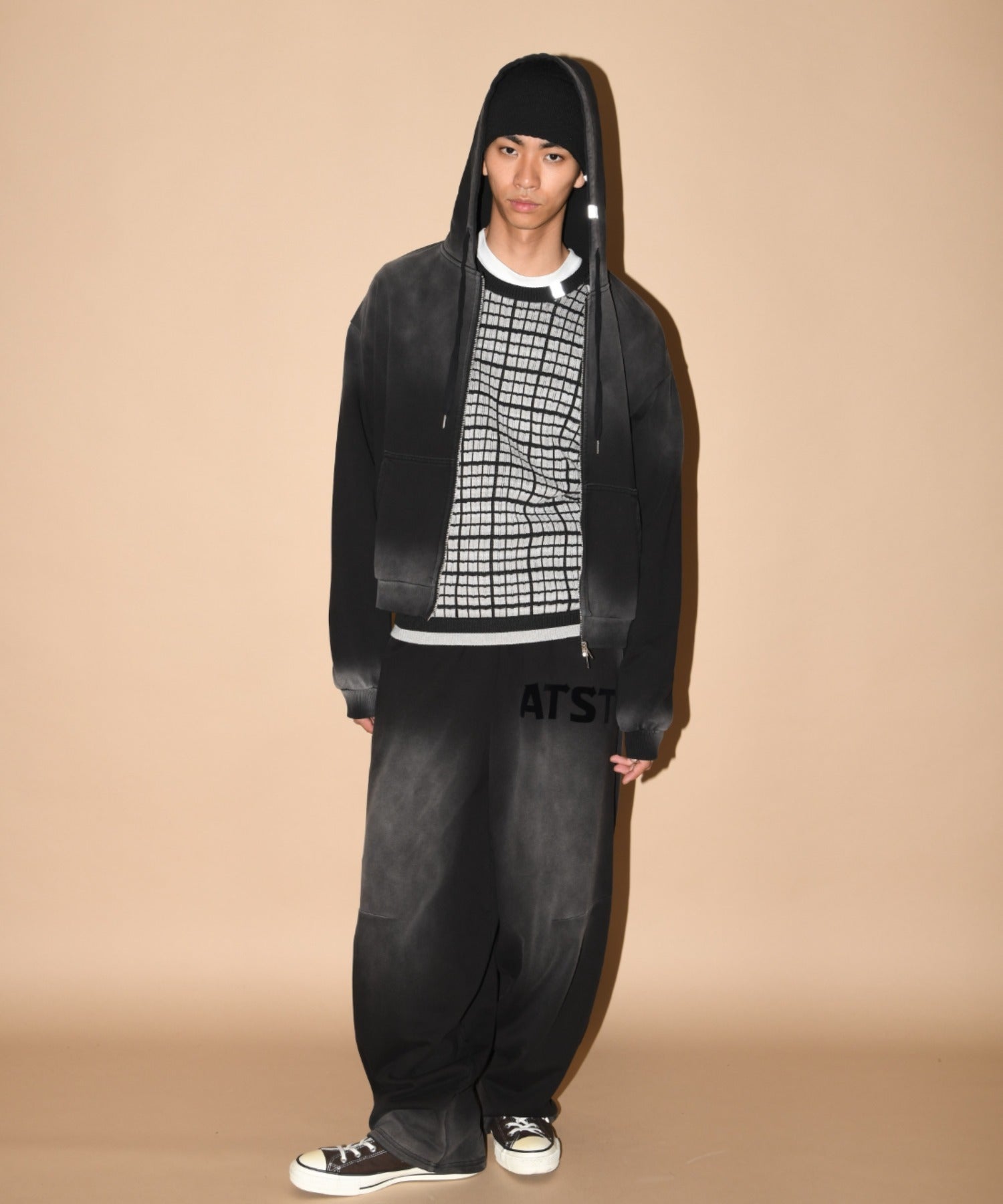 Sun faded Flocky print Zip-Hoodie Sweat - black