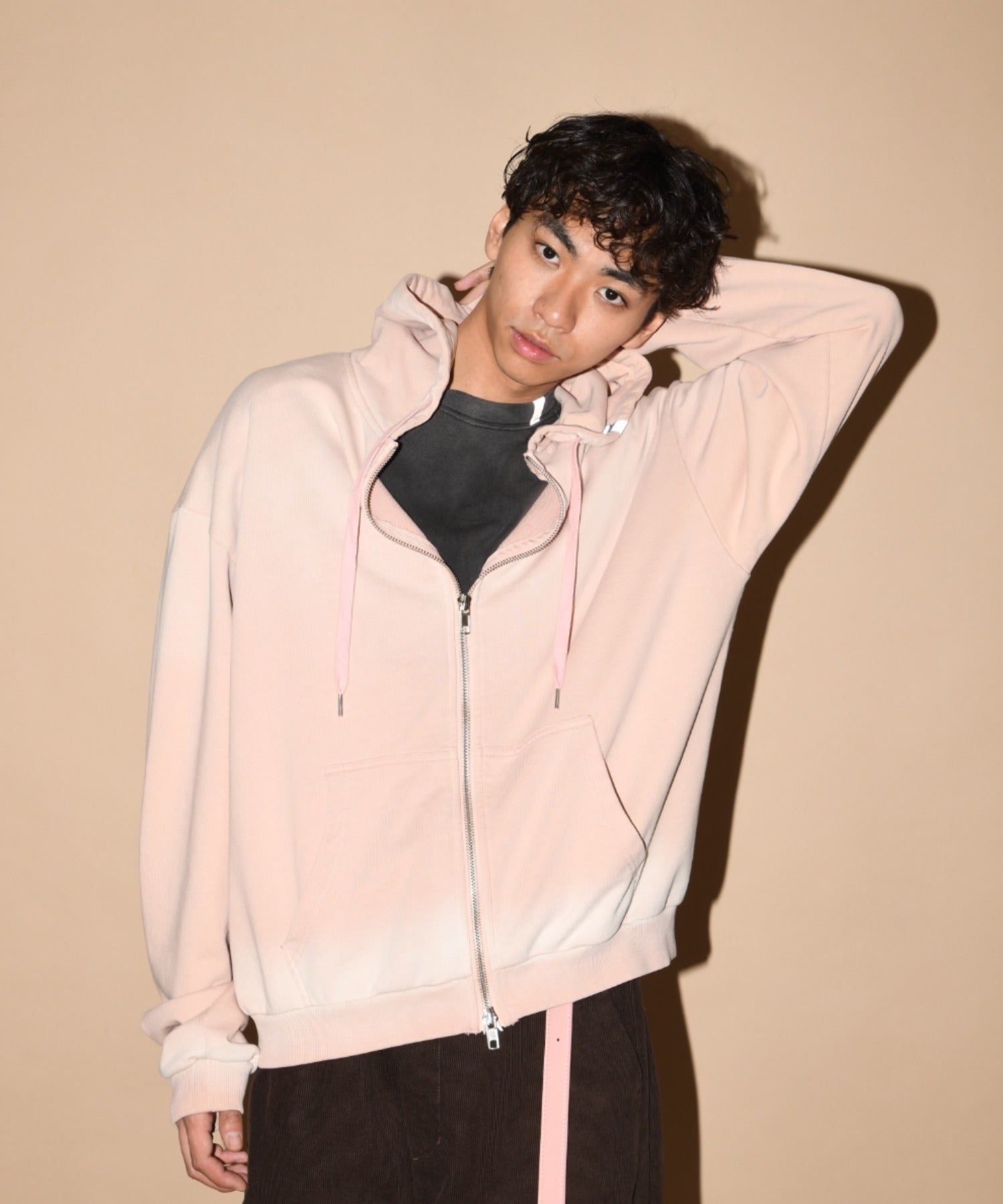 Sun faded Flocky print Zip-Hoodie Sweat - pink