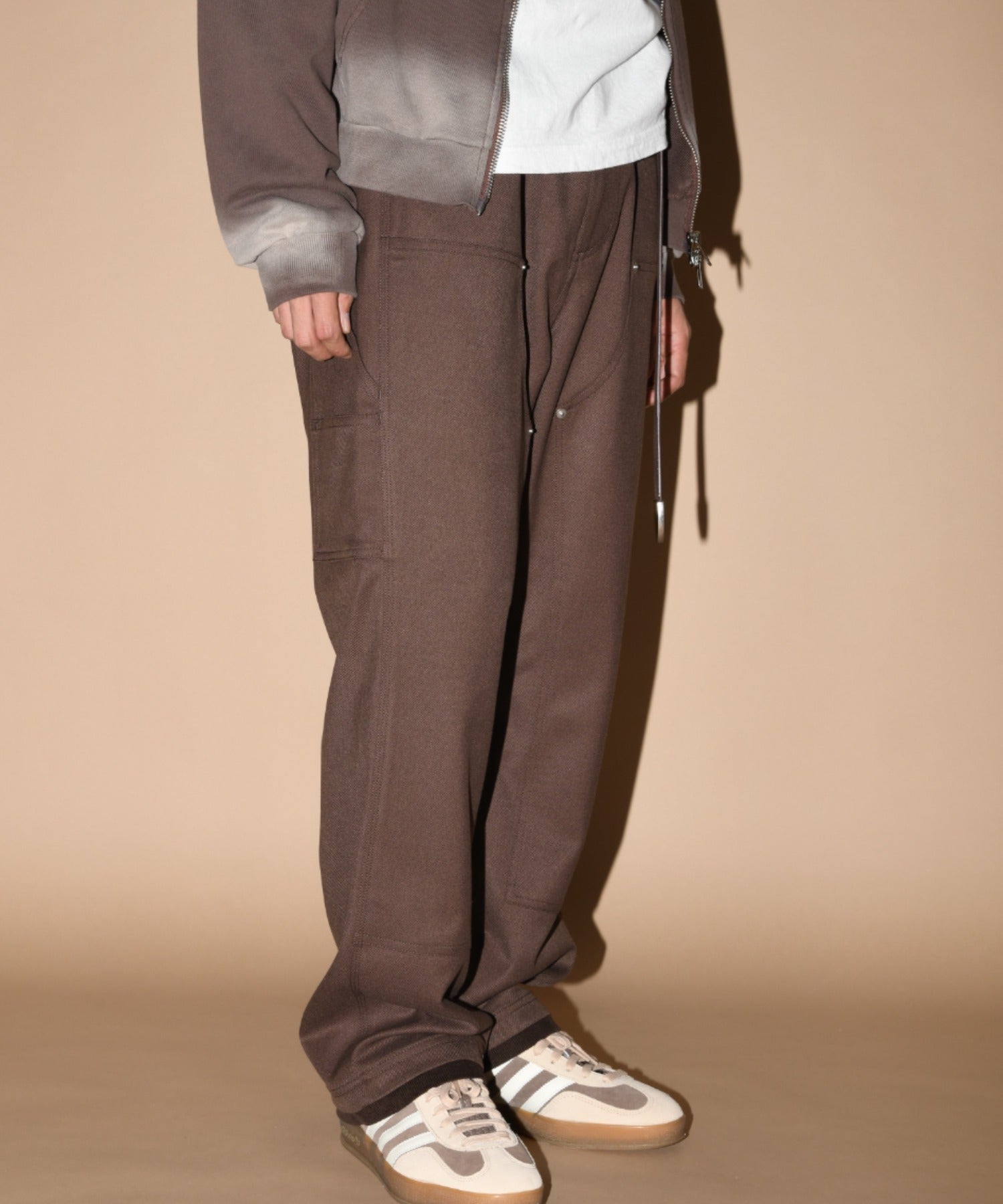 Layered hem Double knee Pants - brown