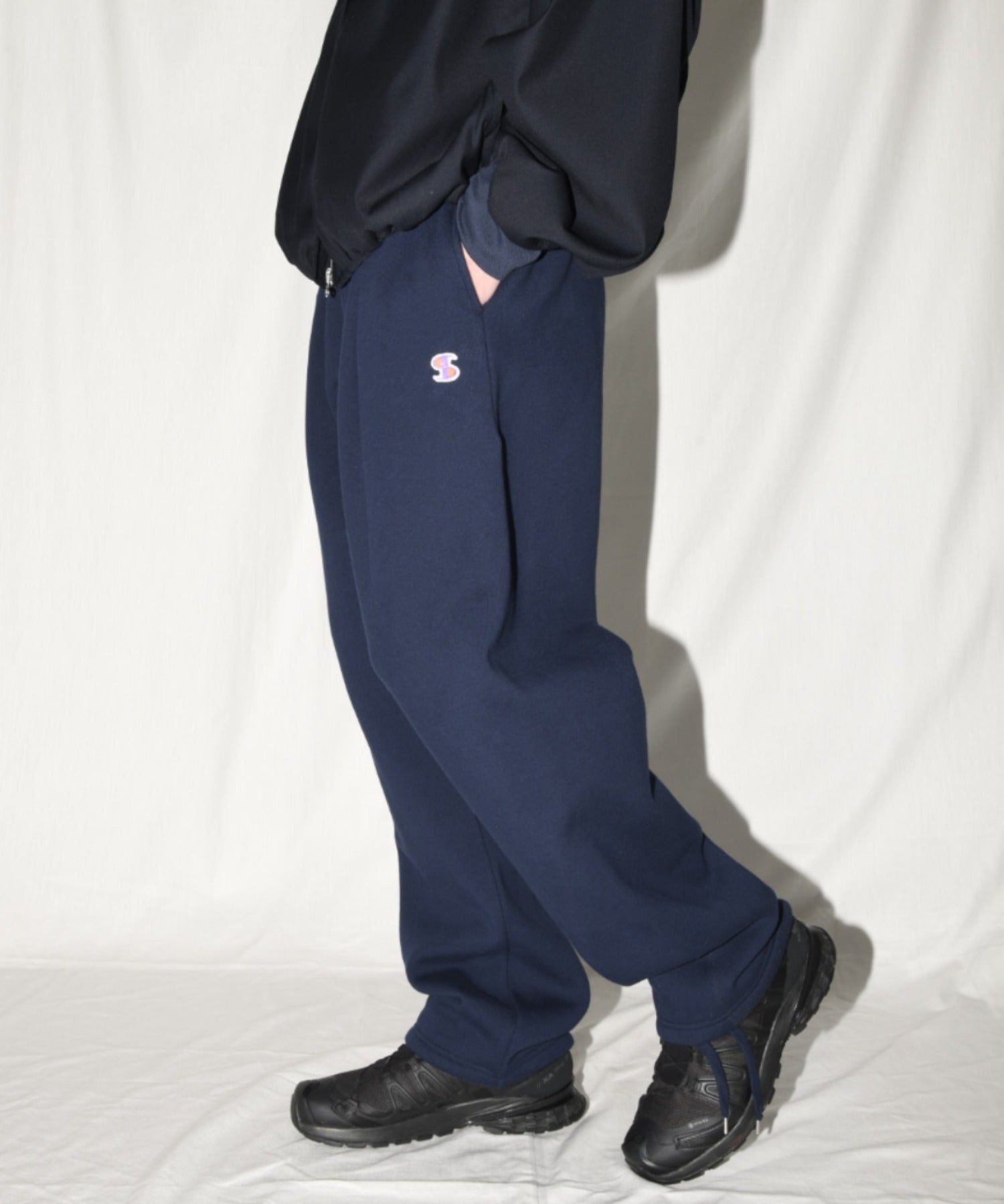 無地ワンポイント裏起毛スウェットパンツ/Wide sweat trousers - navy