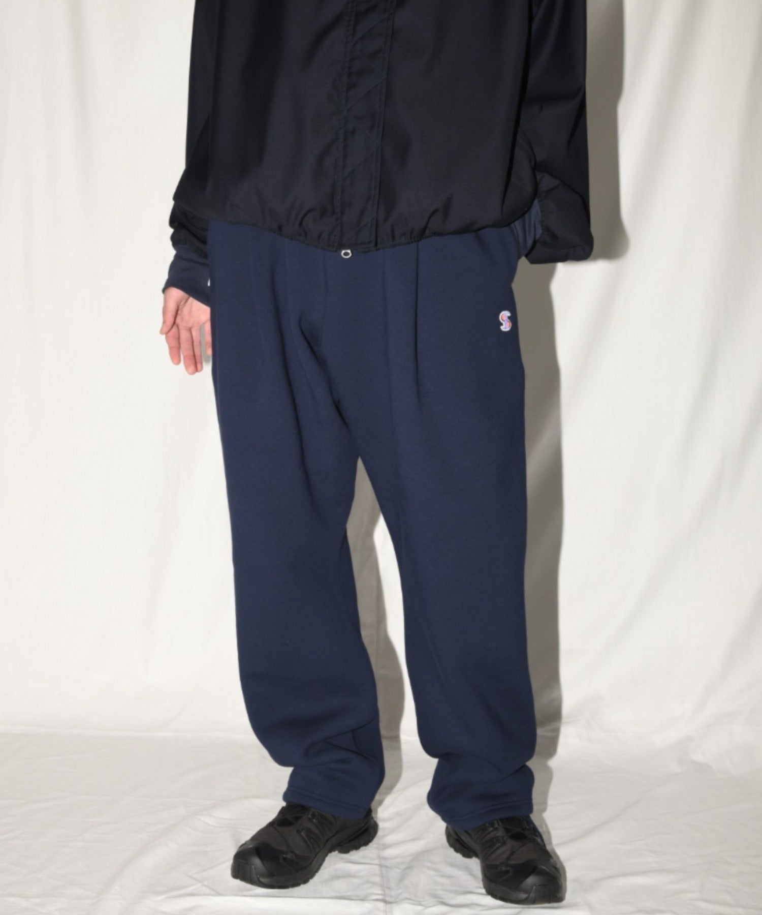 無地ワンポイント裏起毛スウェットパンツ/Wide sweat trousers - navy