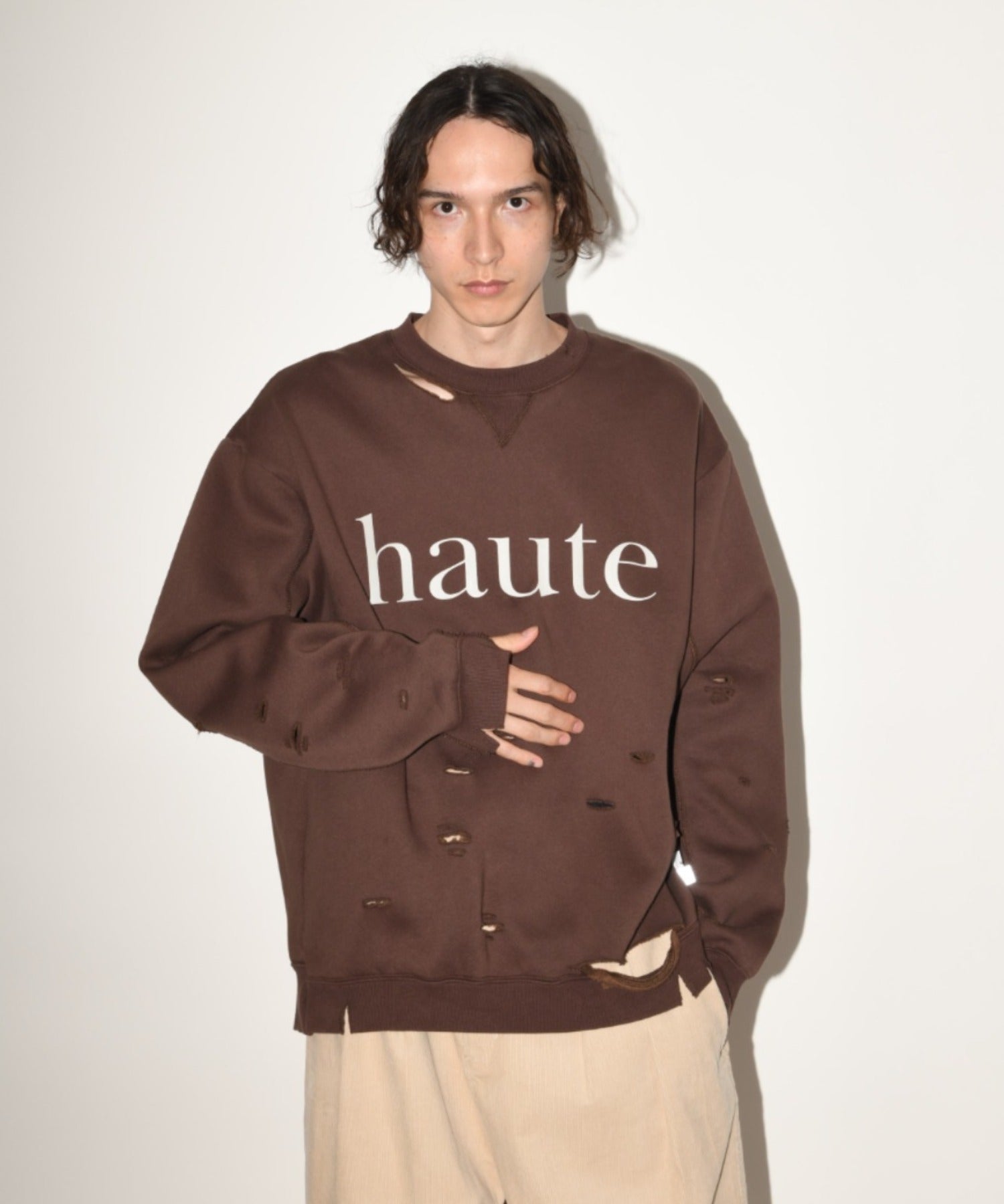 "haute" damage sweat crew neck - brown