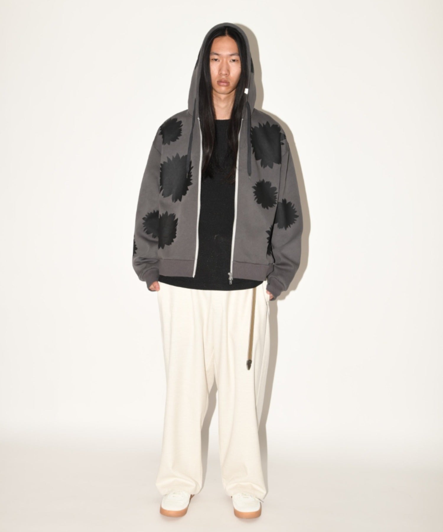 Flower sweat zip-hoodie - c.gray
