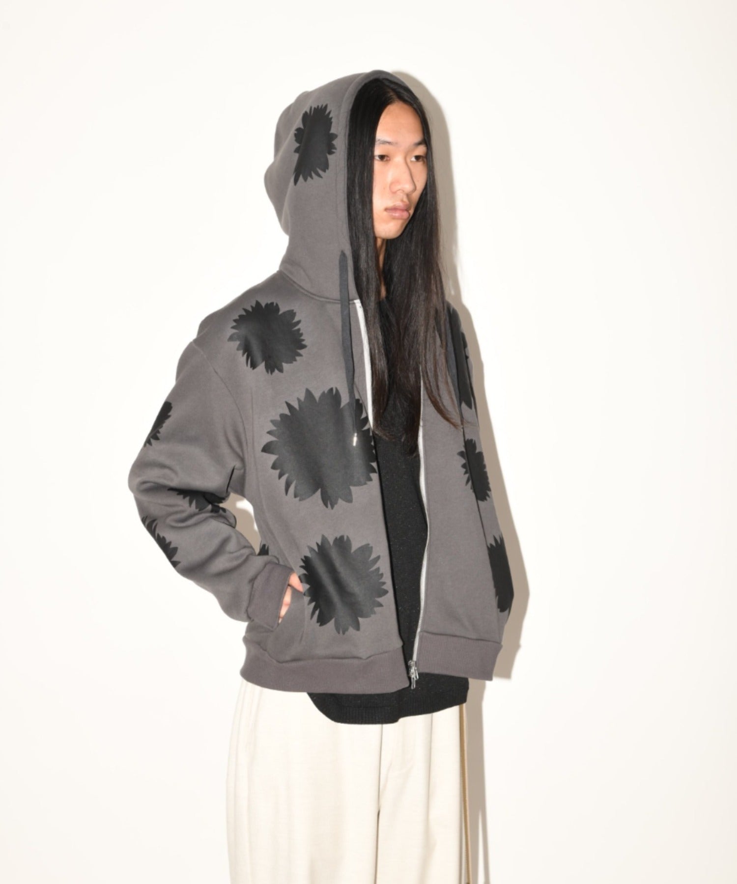 Flower sweat zip-hoodie - c.gray