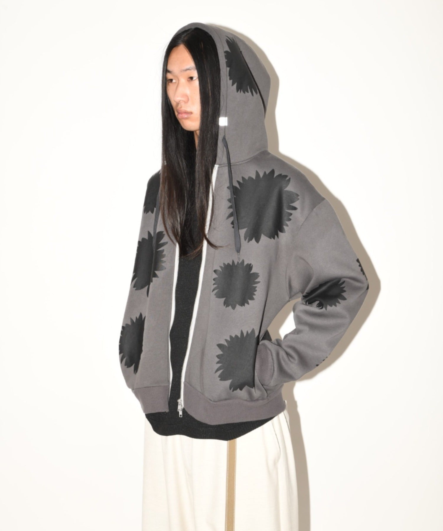 Flower sweat zip-hoodie - c.gray