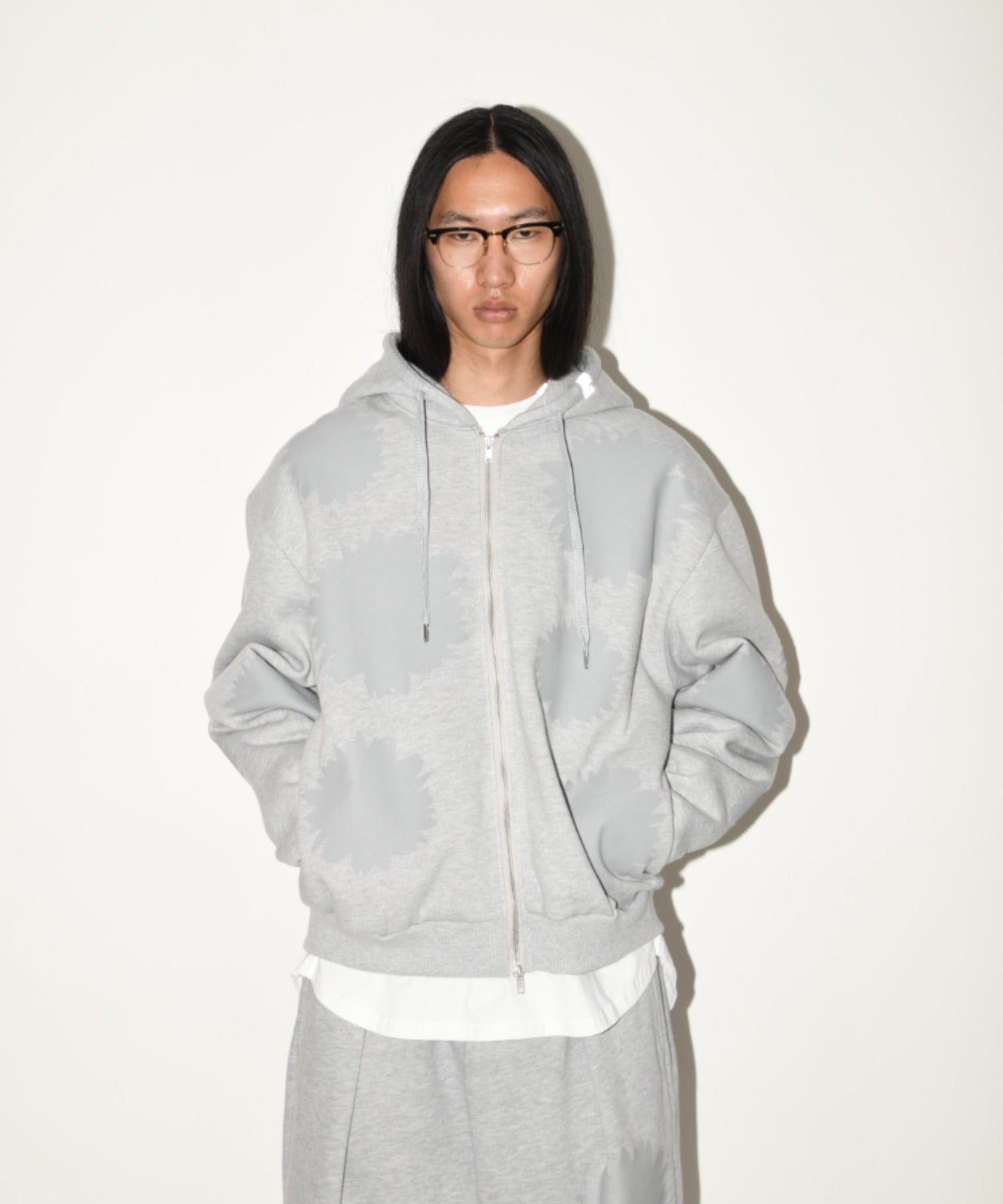 Flower sweat zip-hoodie - c.gray