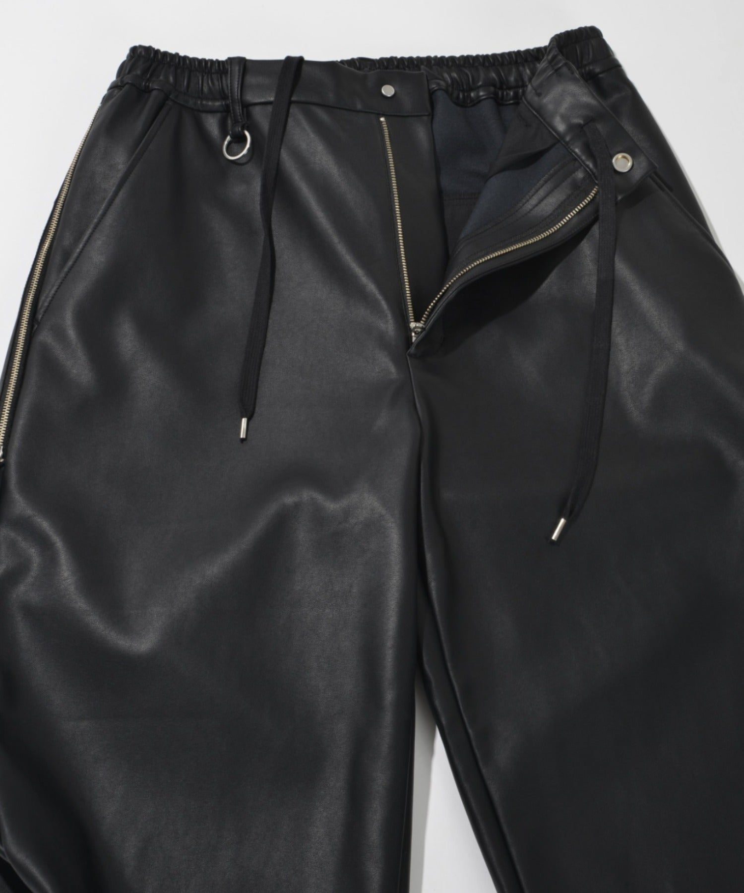 Faux Leather Side-zip Wide Pants - black