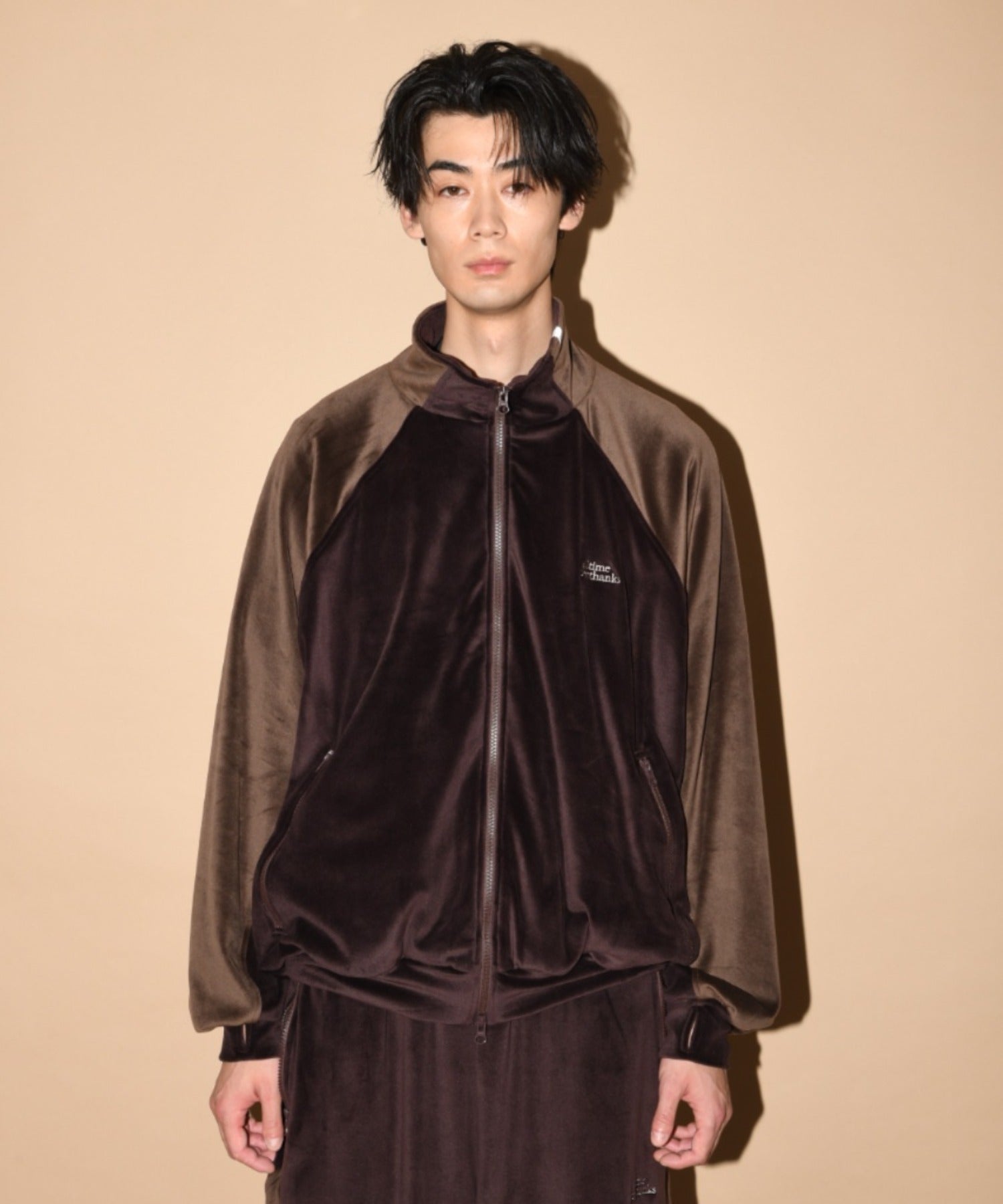 Velour Panel Stand-collar Blouson - brown/brown