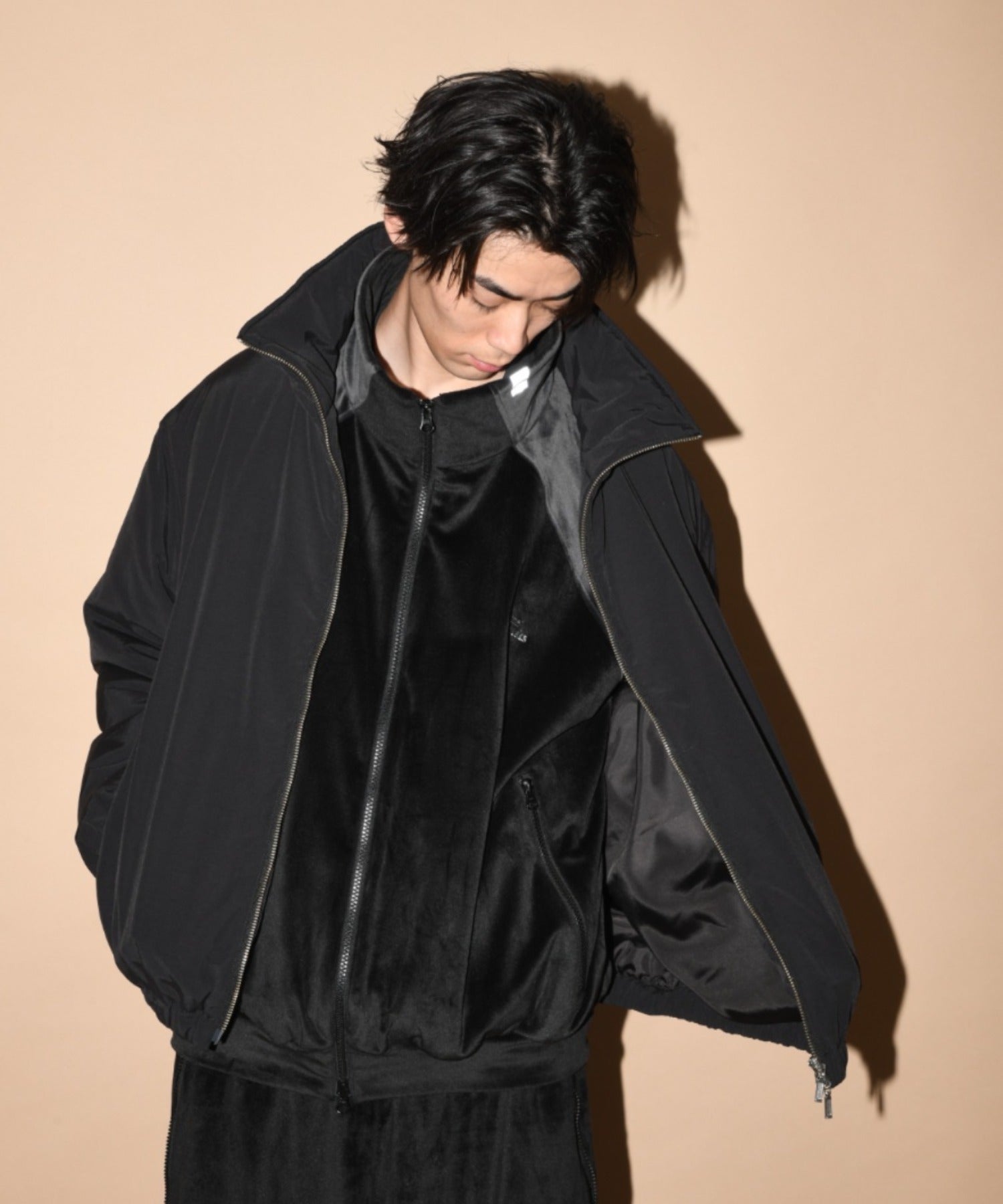 Velour Panel Stand-collar Blouson - brown/brown