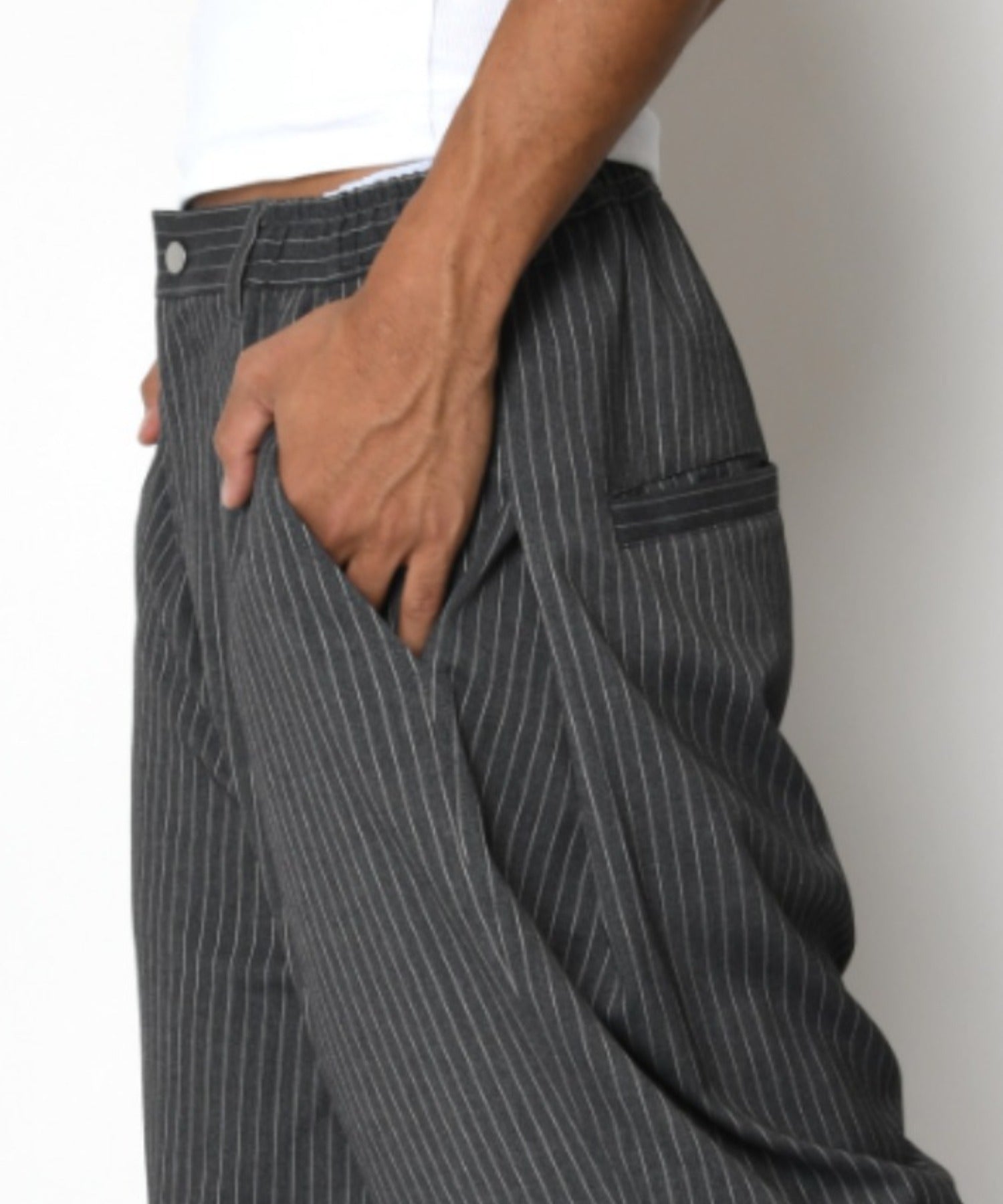 TR Pinstripe Side-tuck Wide Pants - gray/white
