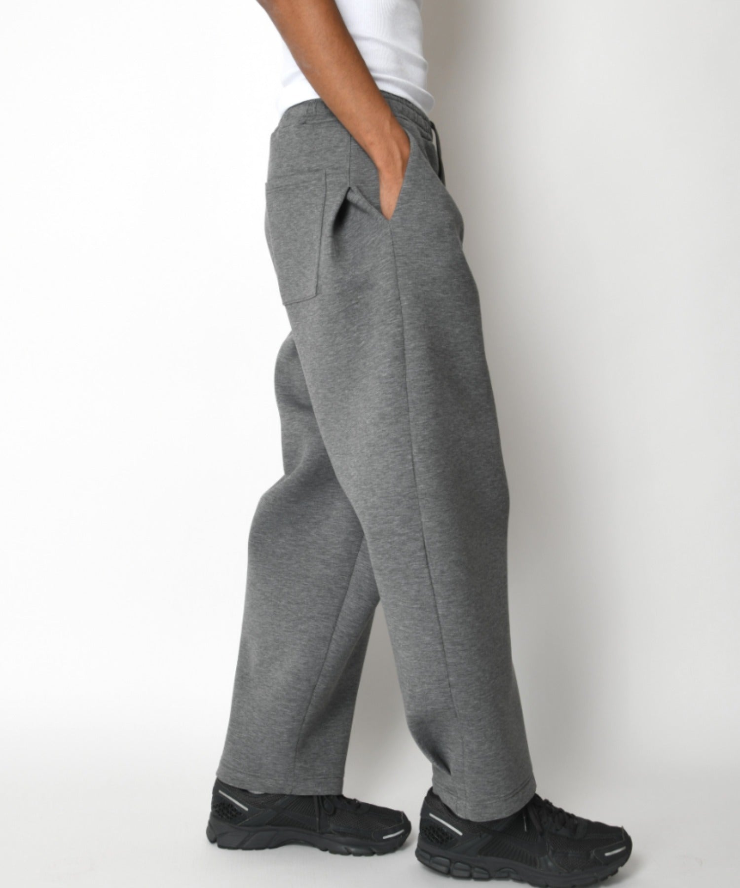 Double-knit Side-tuck Wide Pants (無地) - black