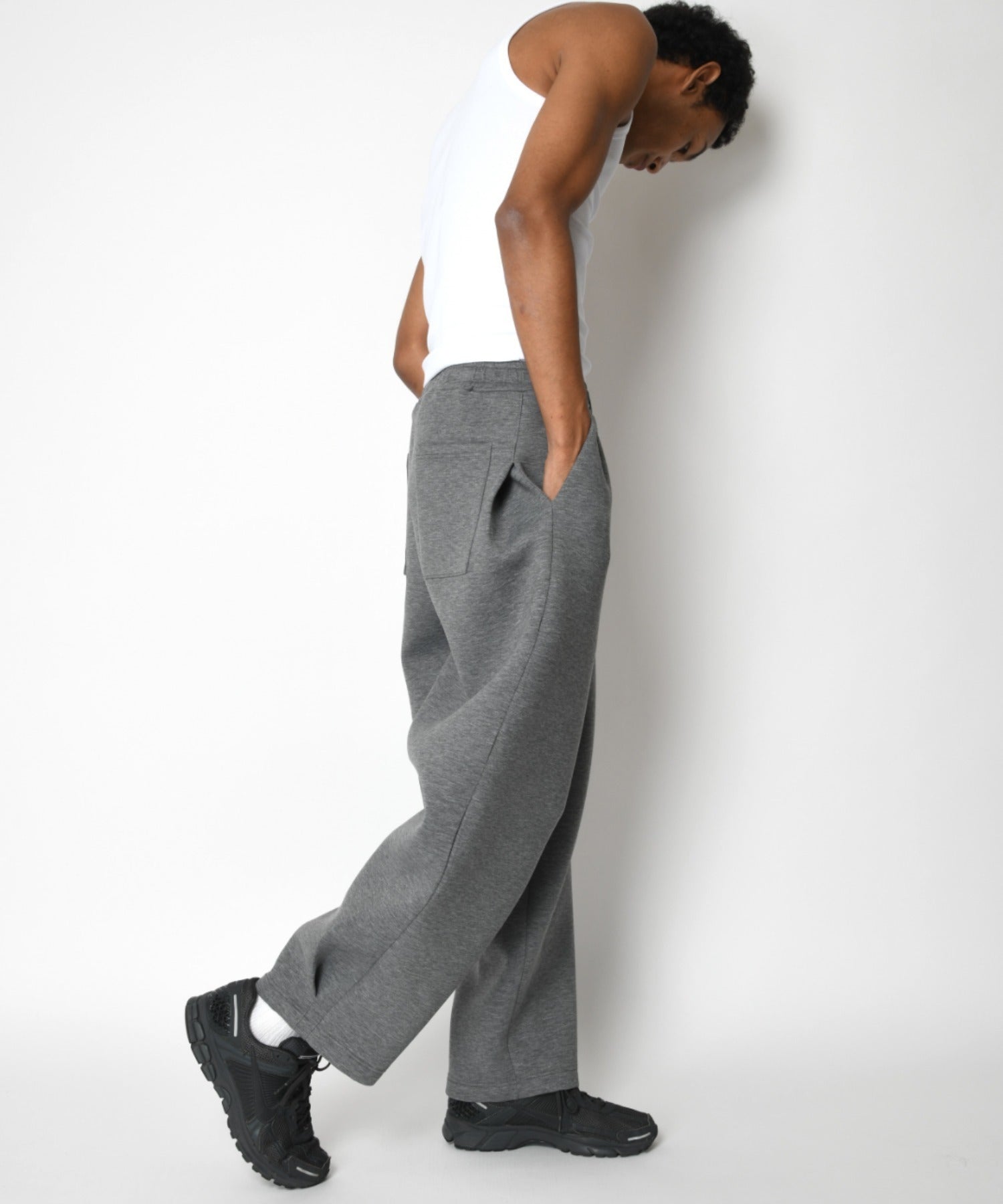 Double-knit Side-tuck Wide Pants (無地) - black