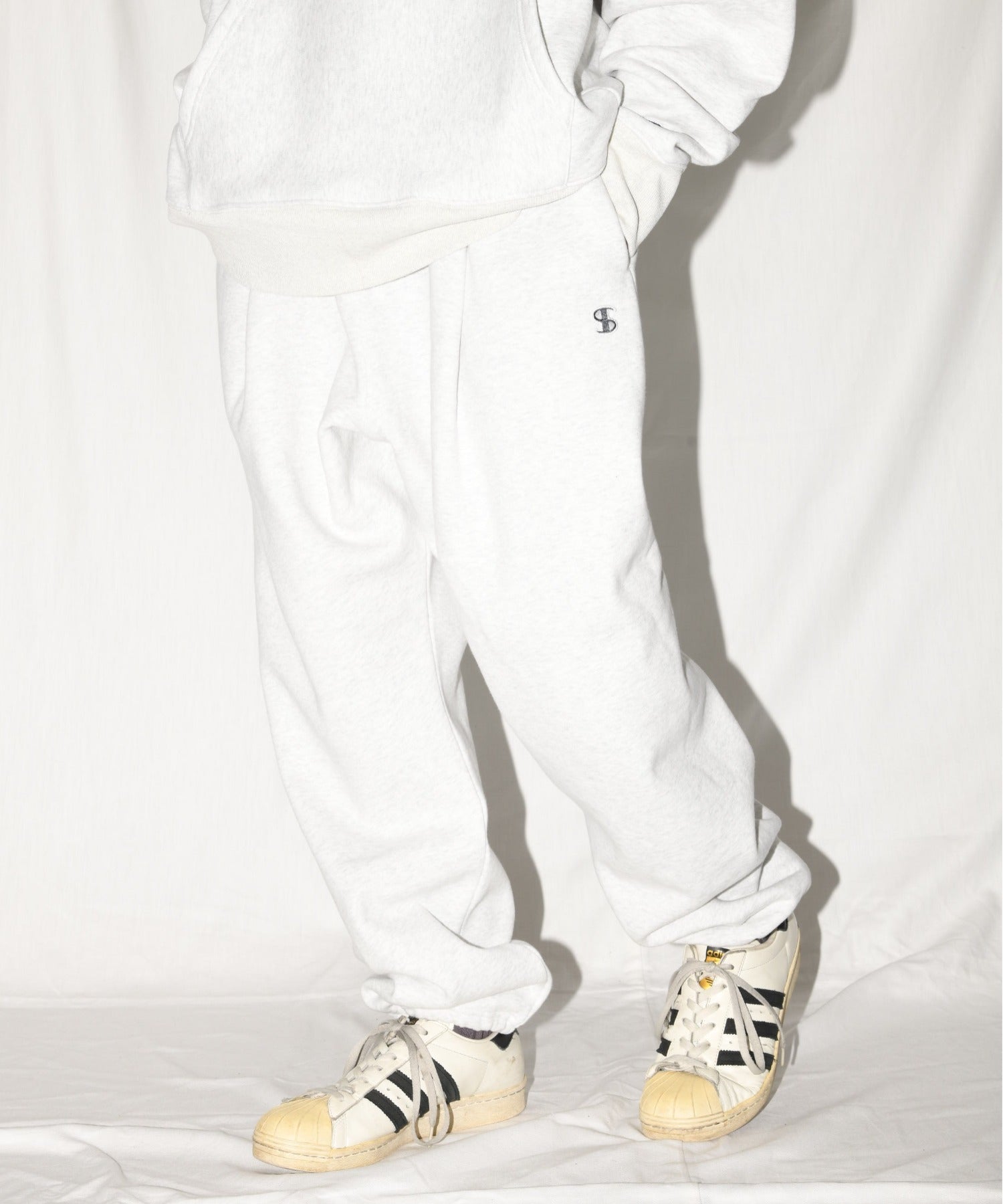 無地ワンポイント裏起毛スウェットパンツ/Wide sweat trousers - navy