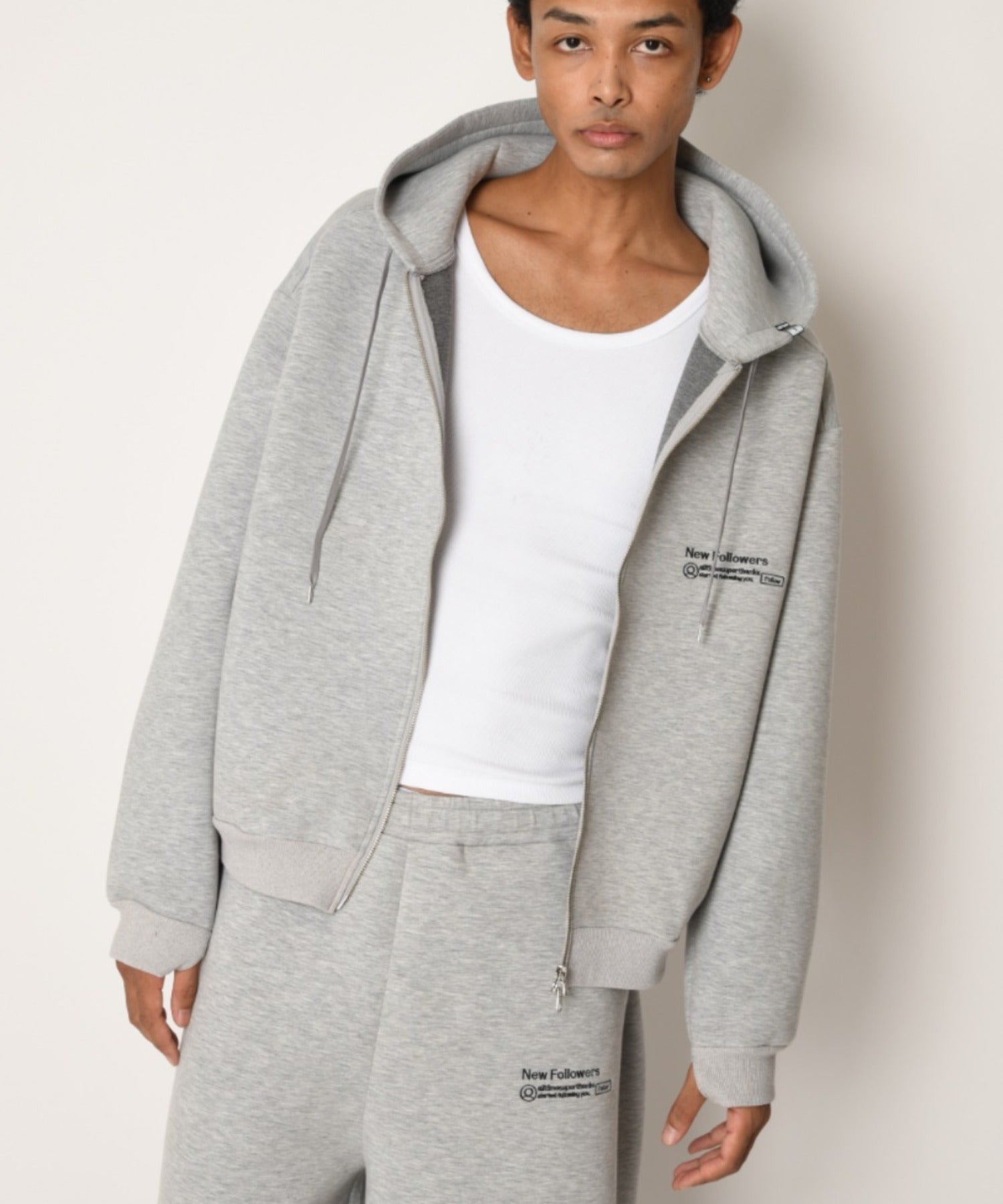 Double-knit Embroidery Zip-Hoodie - ash gray